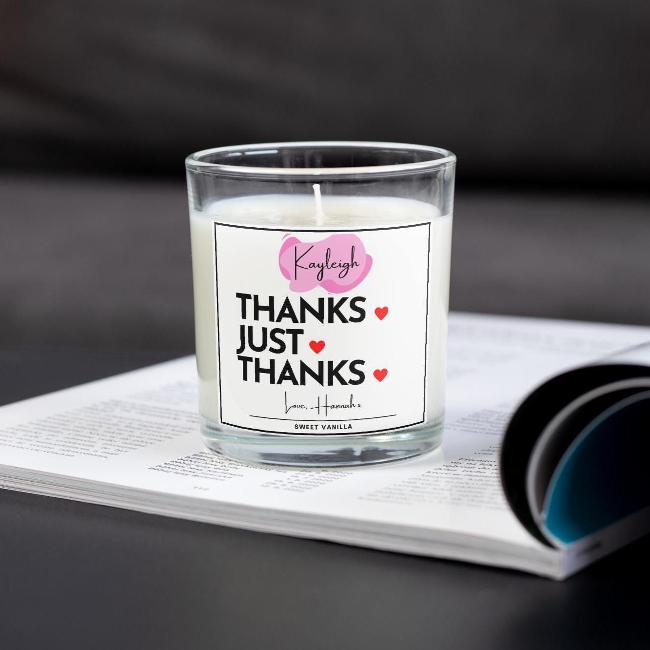Thanks, Just Thanks Personalised Candle | Thank You Gift | Pink Thank You Gift for Her | Thank You Name Candle Gift | Thank You Message Gift Etsy