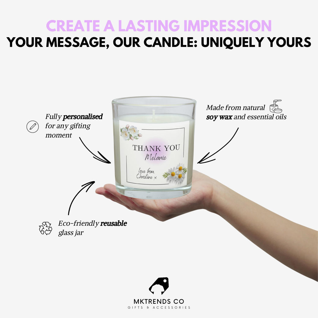Thank You Name Message Gift for Her | Personalised Thank You Candle | Elegant Appreciation Candle Gift for her | Flowers Message Candle Gift Etsy