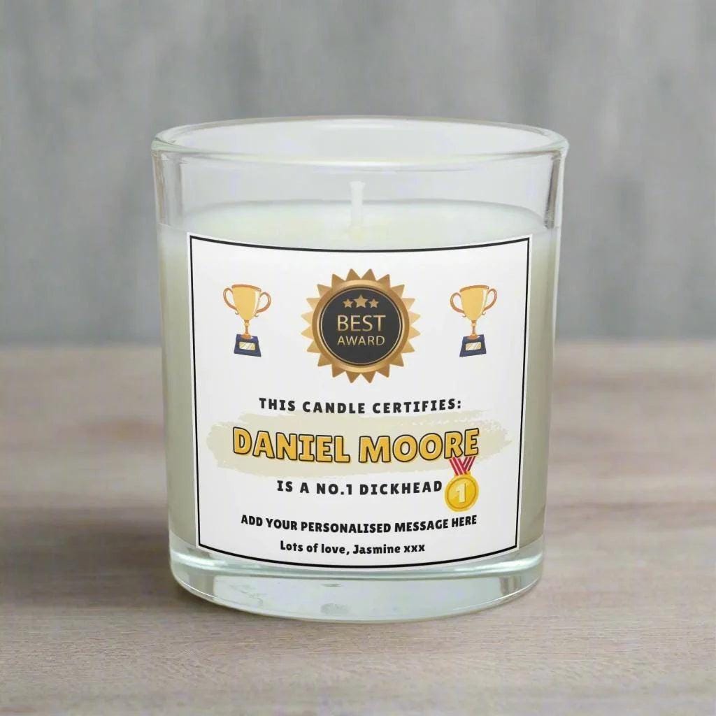 Dickhead Award Certificate Personalised Candle | Funny Dickhead Joke Gift | Funny Award Message Gift | Christmas | You're a Dickhead Gifts Etsy