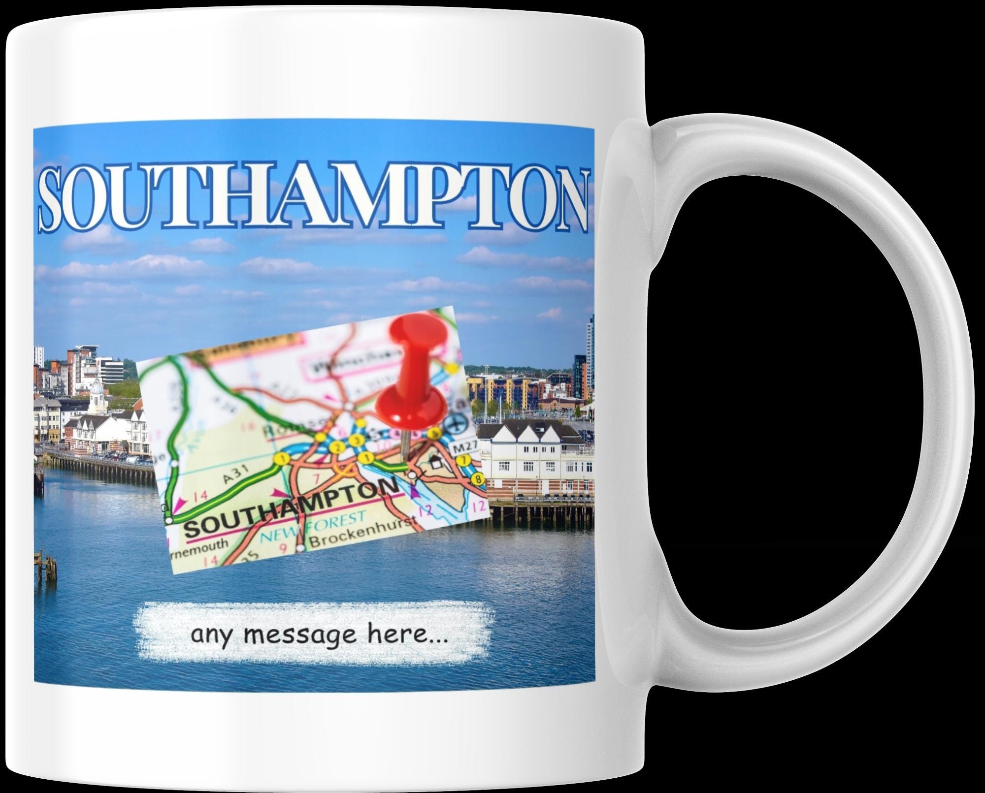 Personalised Southampton Mug |Coastal City Design | Map & Waterfront Scene | Custom Message | UK Travel| Southampton | Gift | Personalised Etsy