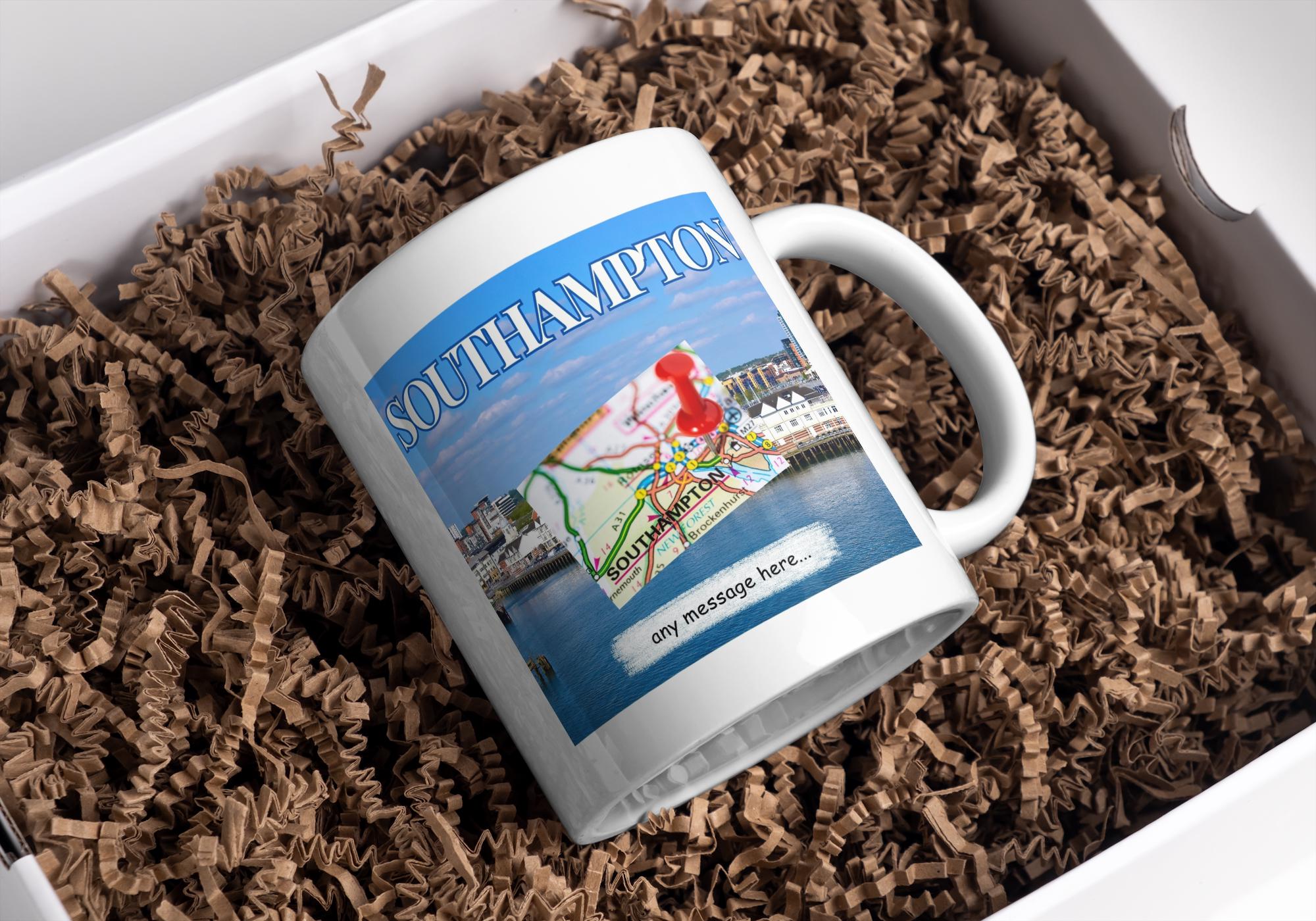 Personalised Southampton Mug |Coastal City Design | Map & Waterfront Scene | Custom Message | UK Travel| Southampton | Gift | Personalised Etsy
