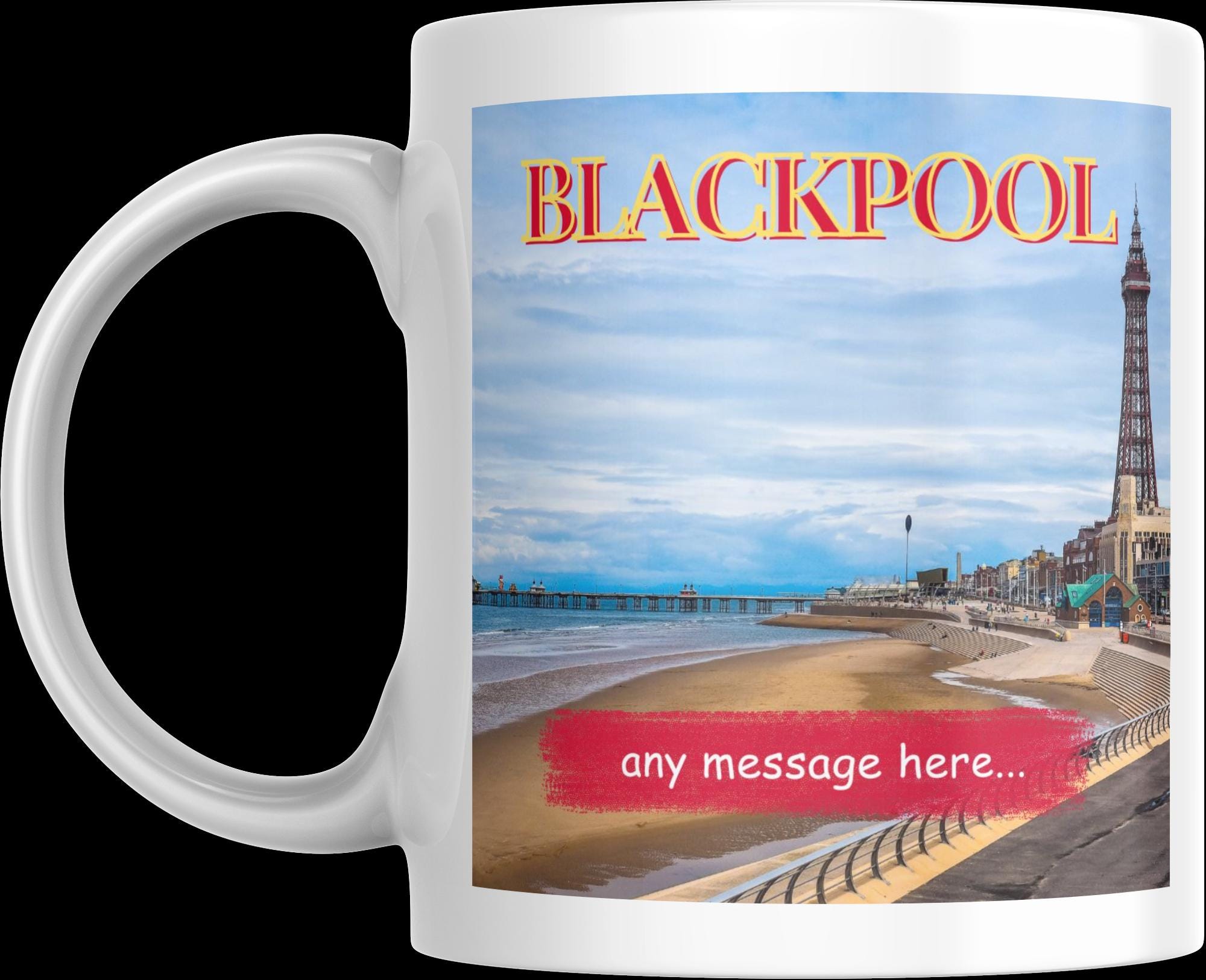 Personalised Blackpool Mug | Seaside Scene | Custom Message | Coastal Gift | Tower & Tram Design | Lancashire Souvenir | Blackpool Gift Etsy