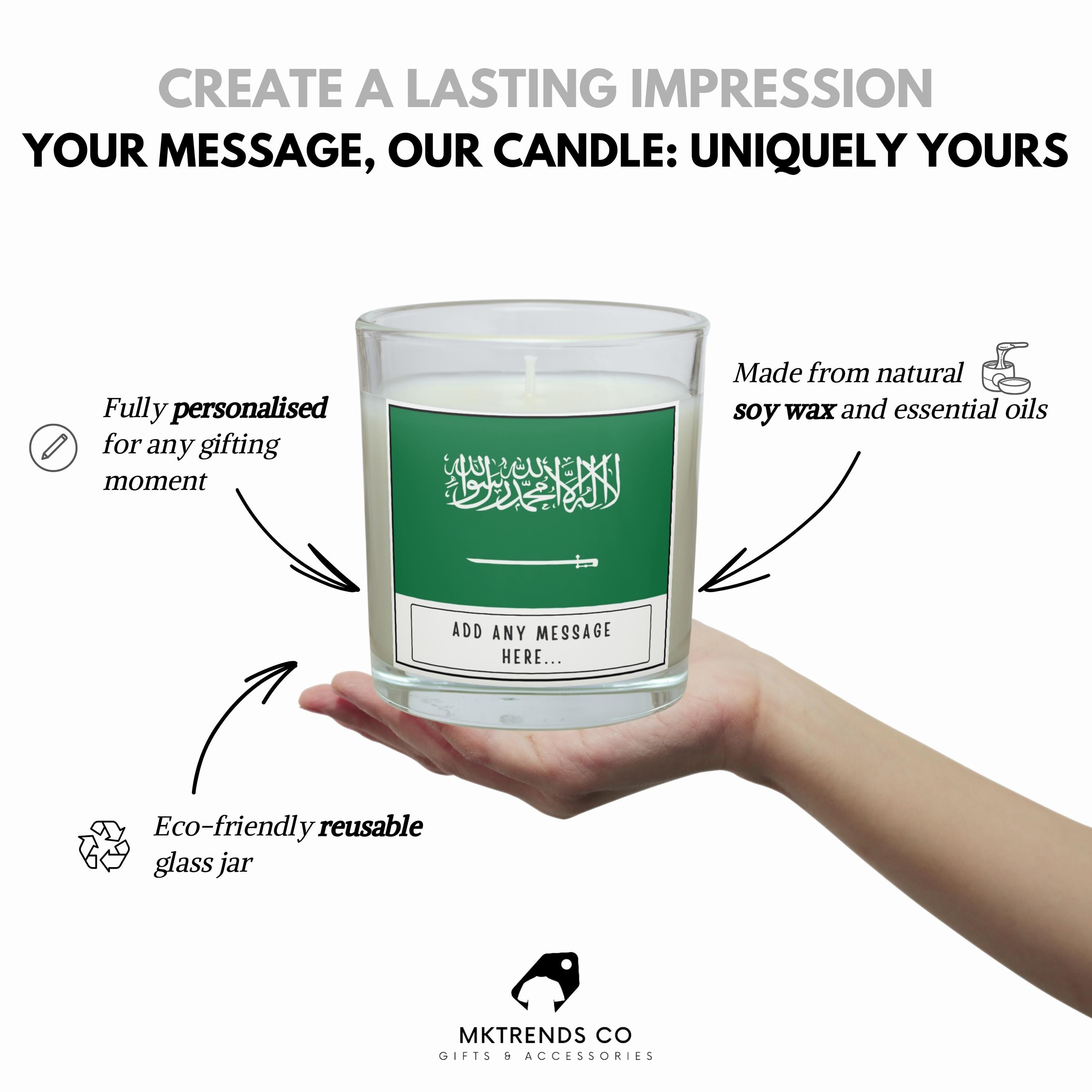 Saudi Arabia Personalised Candle | Flag of Saudi Arabia | Arabic Gift | Saudi Culture Candle | Custom Saudi Arabia Message Gift | Eid Gifts Etsy