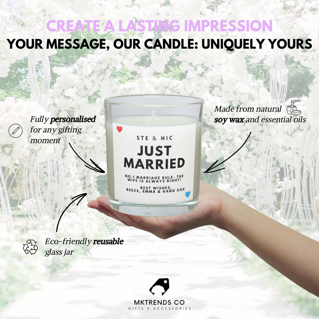 Just Married Wedding Personalised Candle | Wedding Day Gift | Custom Message Wedding Candle | Gift for Mr & Mrs | Bride and Groom Message Etsy