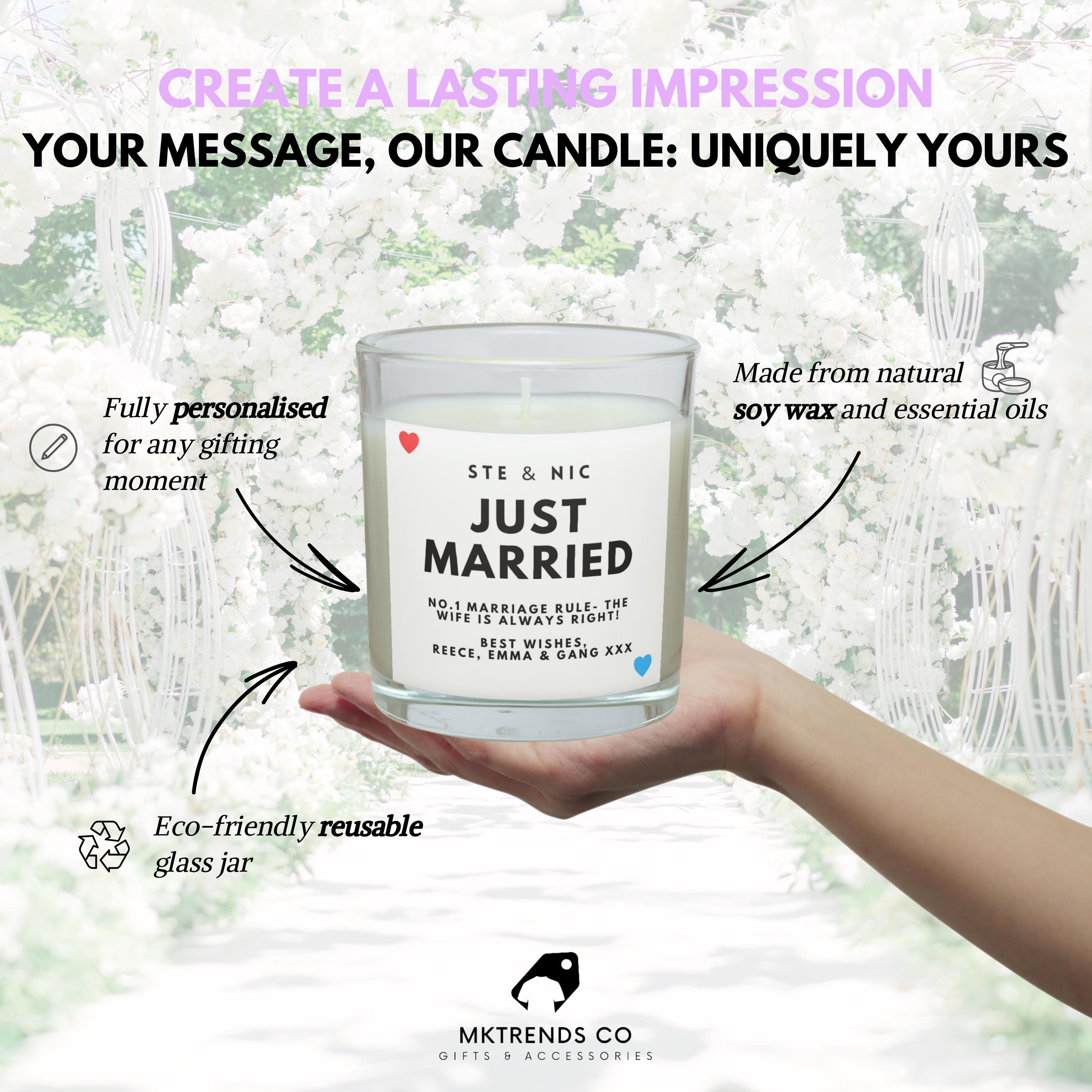 Just Married Wedding Personalised Candle | Wedding Day Gift | Custom Message Wedding Candle | Gift for Mr & Mrs | Bride and Groom Message Etsy