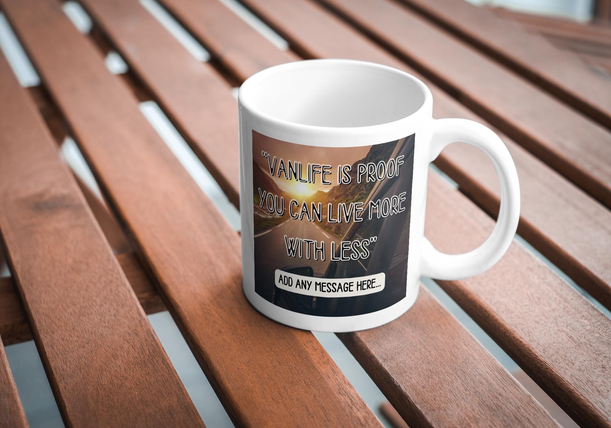 Personalised Vanlife Quote Mug | Scenic Camper Gift | Live More With Less Design | Custom Message | UK Motorhome Present | Campervan Quote Etsy