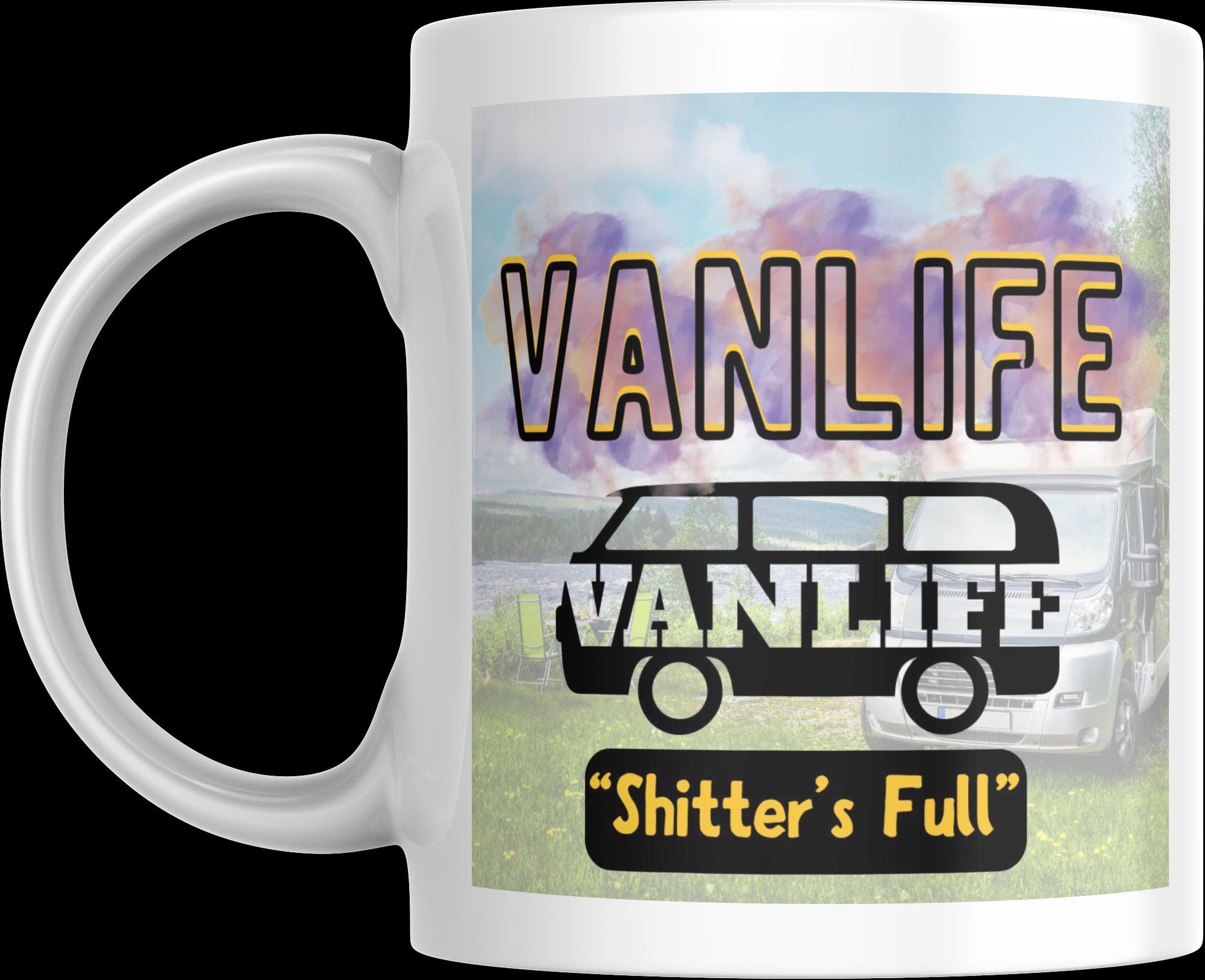 Funny Personalised Vanlife Mug | Shitters Full Camper Gift | Scenic Lake & Mountain Design | Custom Message | UK Motorhome Present Etsy