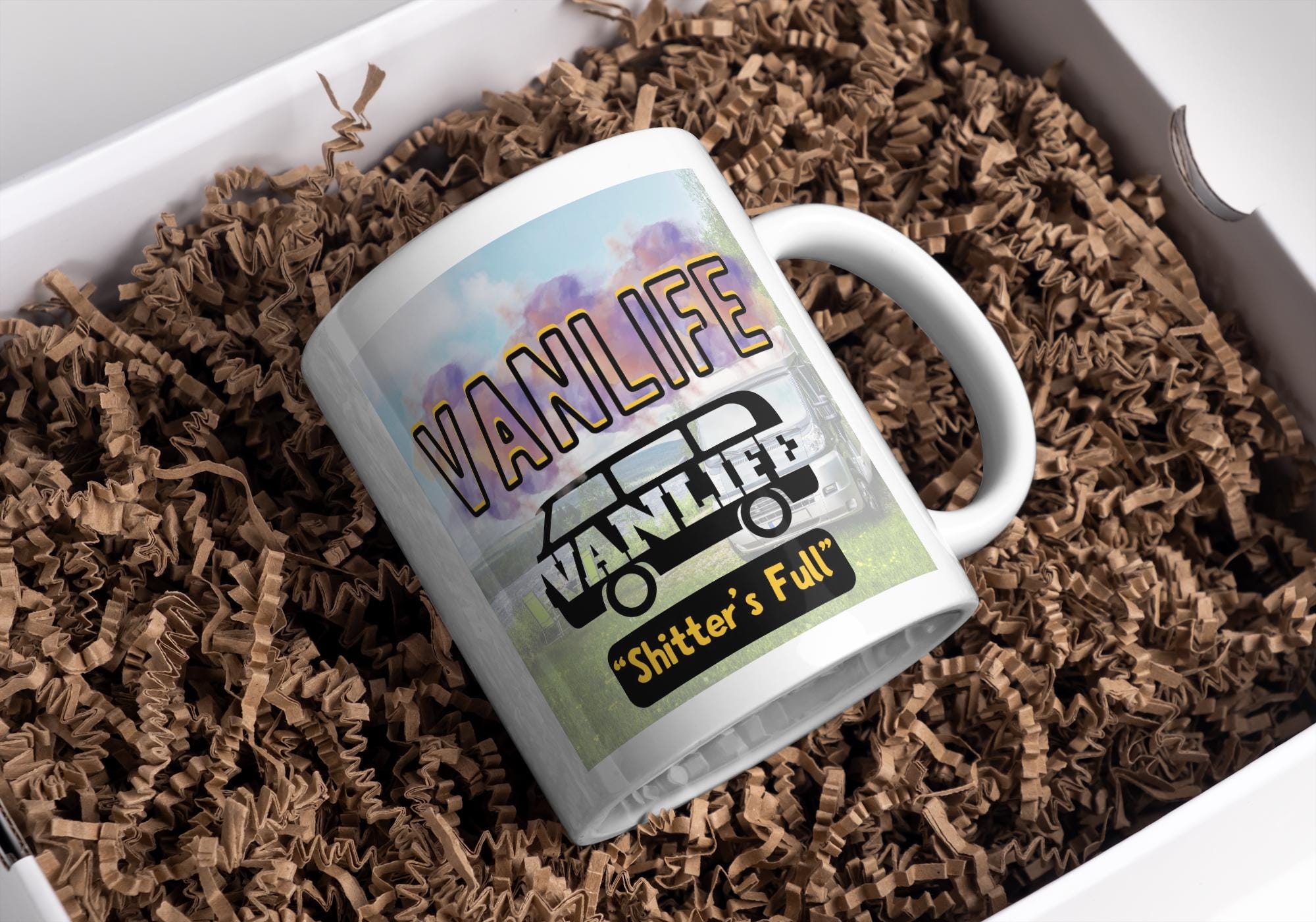 Funny Personalised Vanlife Mug | Shitters Full Camper Gift | Scenic Lake & Mountain Design | Custom Message | UK Motorhome Present Etsy