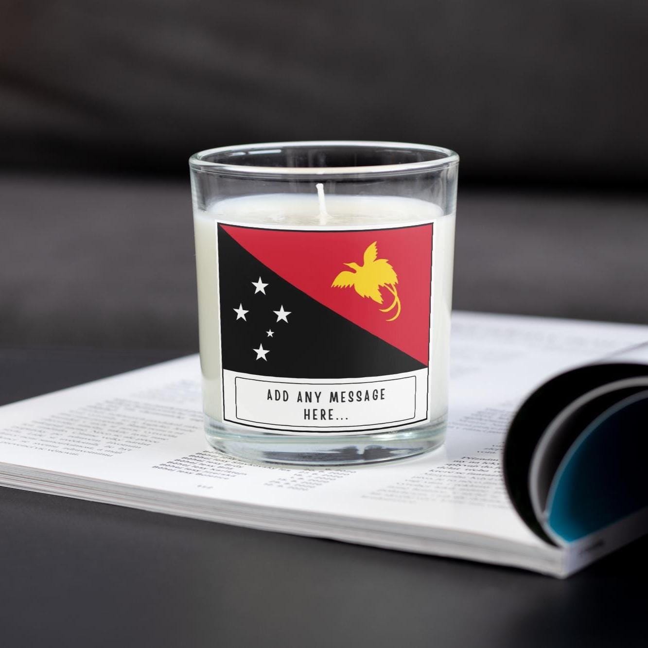 Papua New Guinea Personalised Candle | Flag of Papua New Guinea Gift | Custom PNG Message Candle | PNG Home Decor | Melanesian Home Decor Etsy
