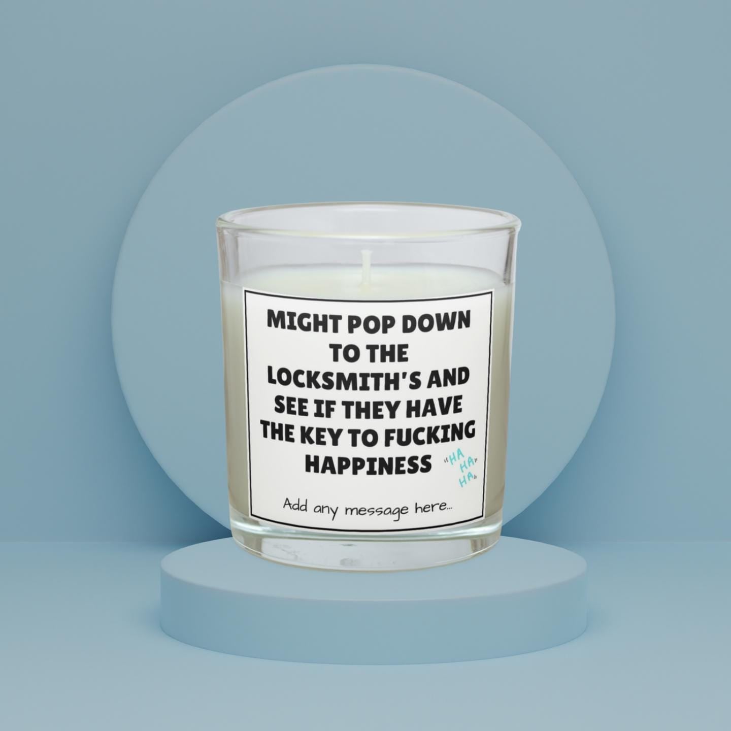 Funny Adult Joke Personalised Candle | Novelty Locksmith Joke Gift | Key to Happiness Quote Candle | Gift to Make you Laugh | Funny Candle Etsy