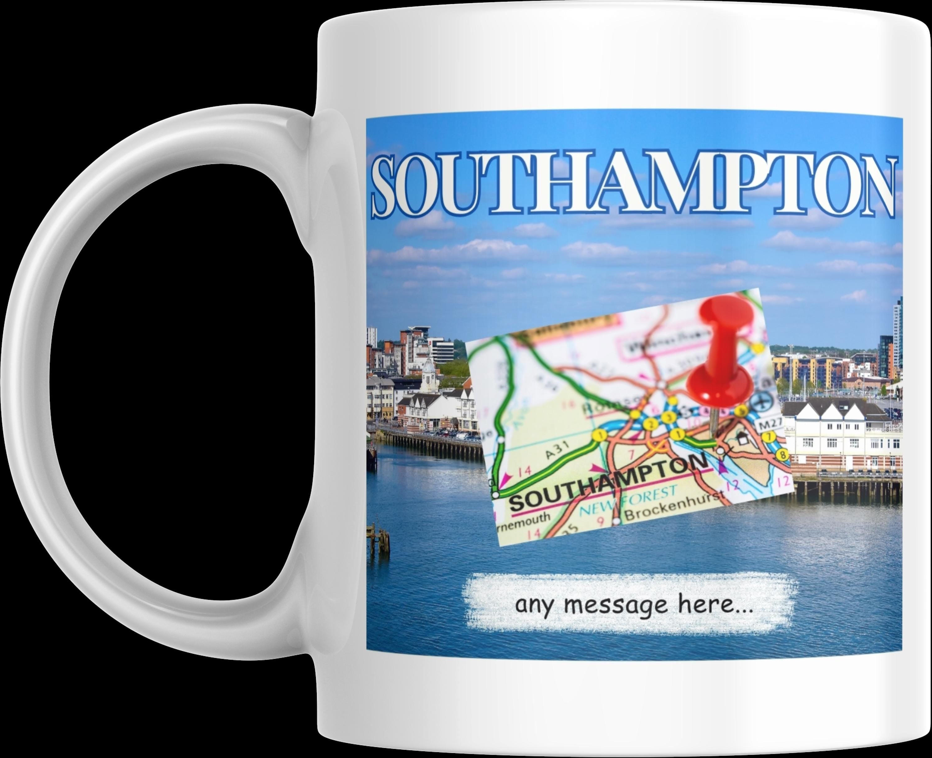 Personalised Southampton Mug |Coastal City Design | Map & Waterfront Scene | Custom Message | UK Travel| Southampton | Gift | Personalised Etsy