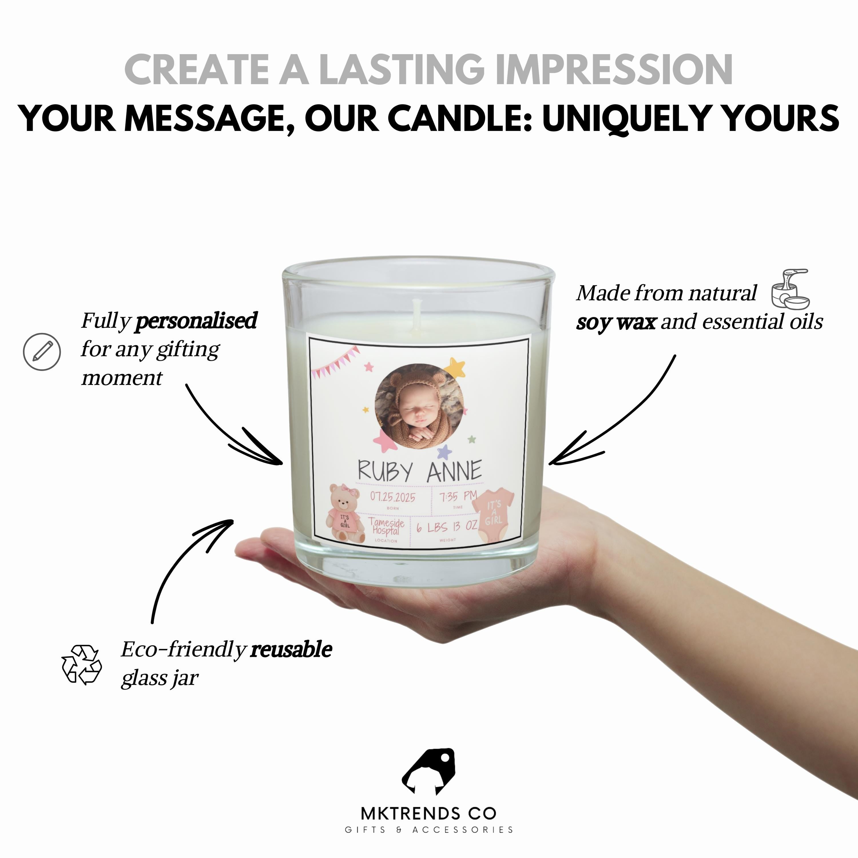 It's a Girl Personalised Photo Candle | Baby Birth Announcement Gift | New Born Baby Gift | Baby Photo | New Grandparent Gift | New Auntie Etsy