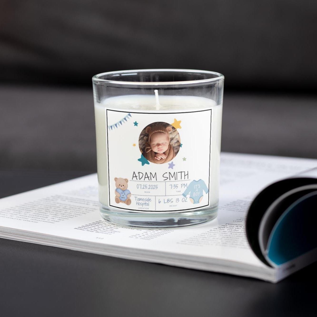 Newborn Baby Boy Photo Candle | Custom Baby Boy Birth Announcement | Baby Gifts for New Parents | New Grandparent Gifts | Baby Photo Message Etsy