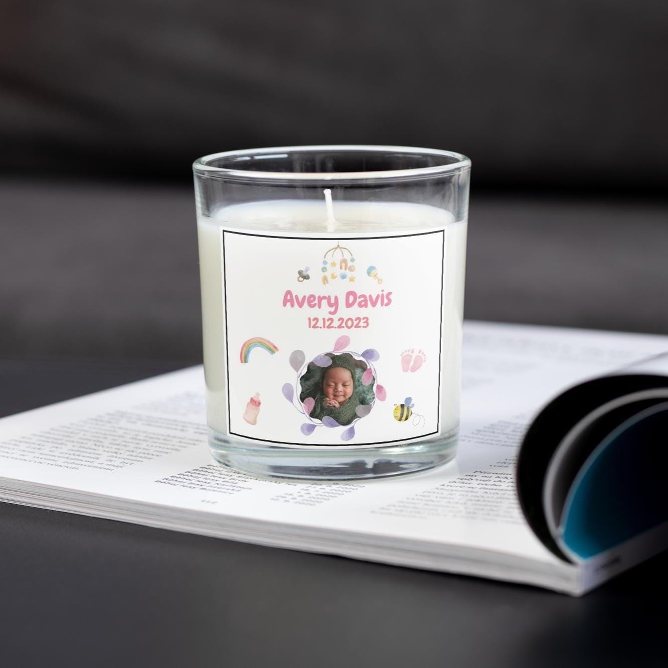 Newborn Photo Date Message Candle | Baby Girl Keepsake | Just Born Gifts | Gifts for New Parents | Baby Nursery Décor | Baby Announcement Etsy