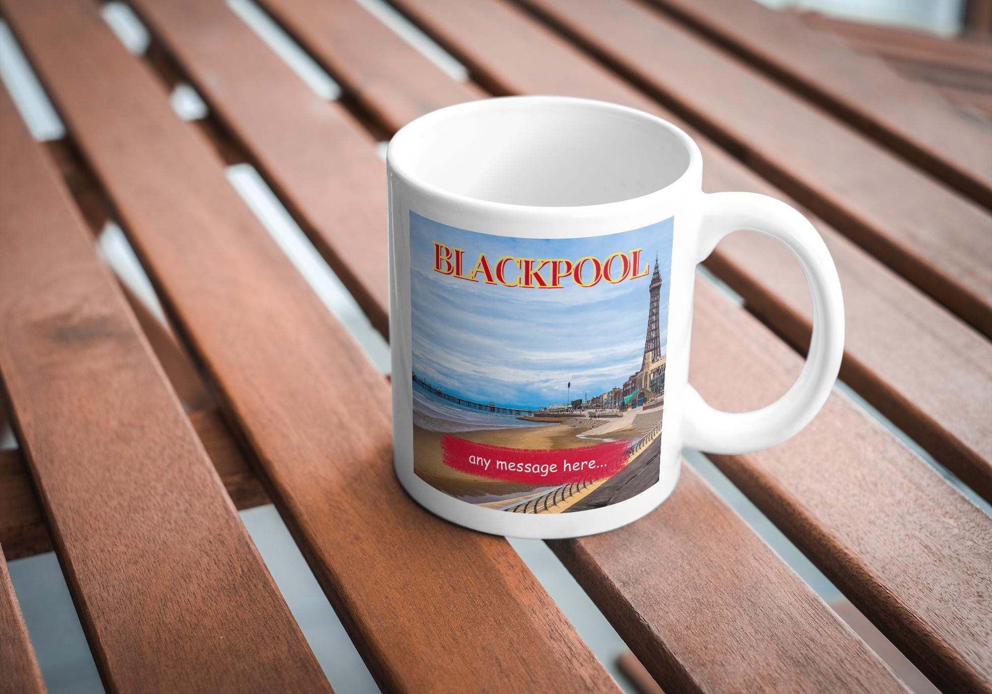 Personalised Blackpool Mug | Seaside Scene | Custom Message | Coastal Gift | Tower & Tram Design | Lancashire Souvenir | Blackpool Gift Etsy