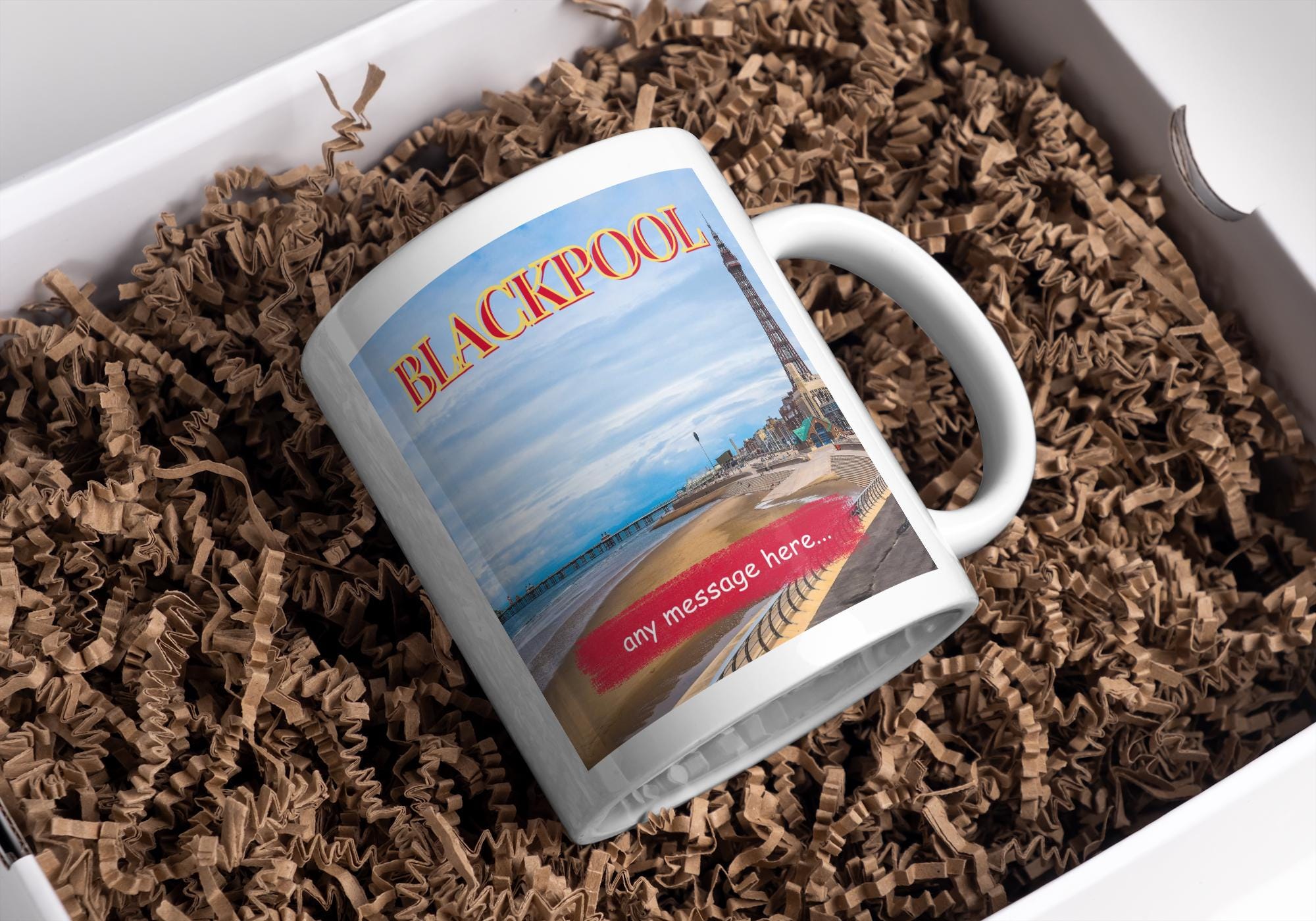 Personalised Blackpool Mug | Seaside Scene | Custom Message | Coastal Gift | Tower & Tram Design | Lancashire Souvenir | Blackpool Gift Etsy