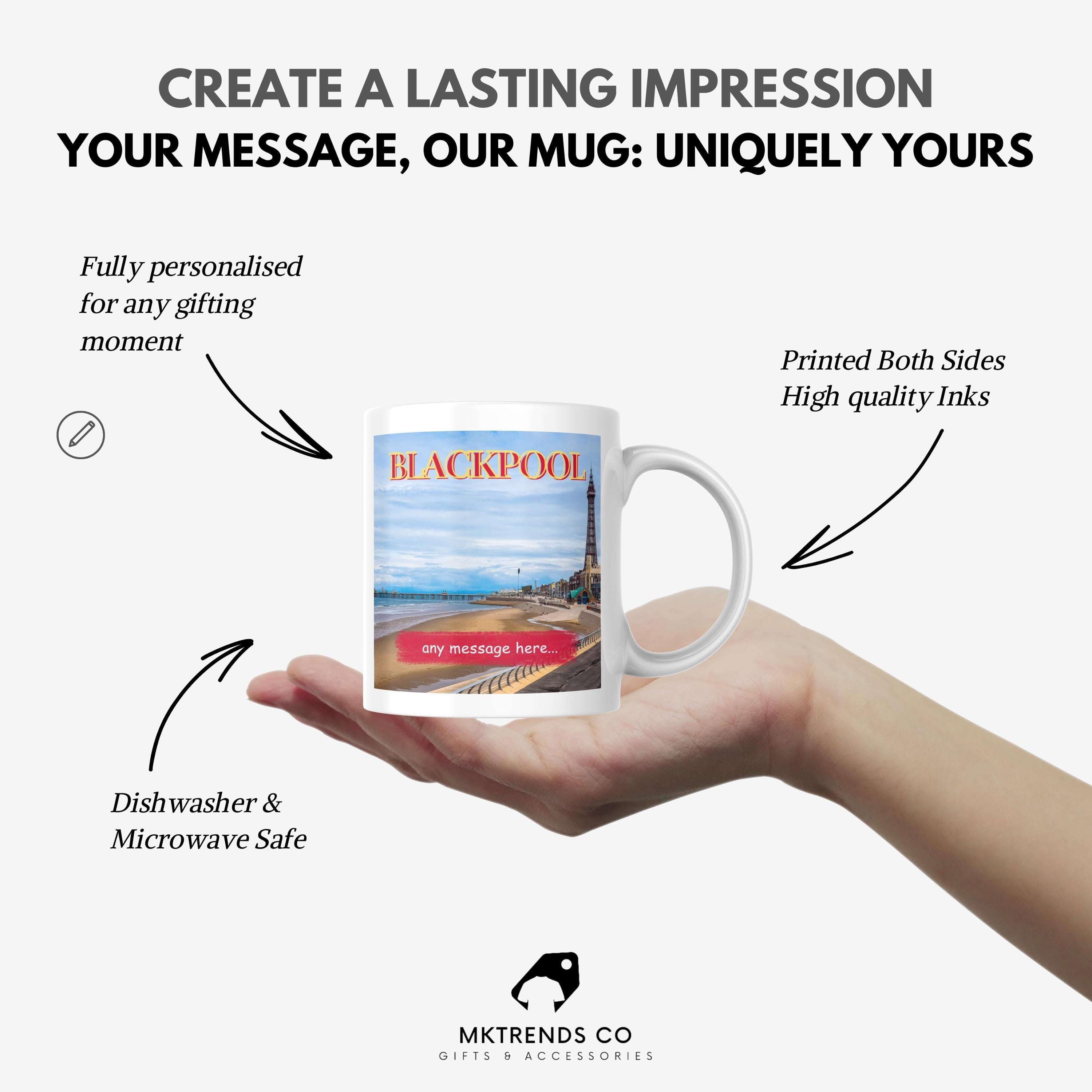 Personalised Blackpool Mug | Seaside Scene | Custom Message | Coastal Gift | Tower & Tram Design | Lancashire Souvenir | Blackpool Gift Etsy