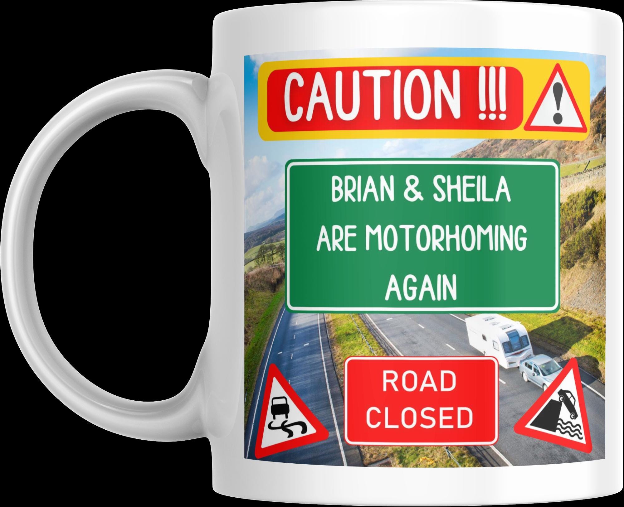 Personalised Motorhoming Warning Mug | Funny Road Sign Camper Gift | Custom Message | UK Motorhome Present | Camper | Vanlife | Campervan Etsy