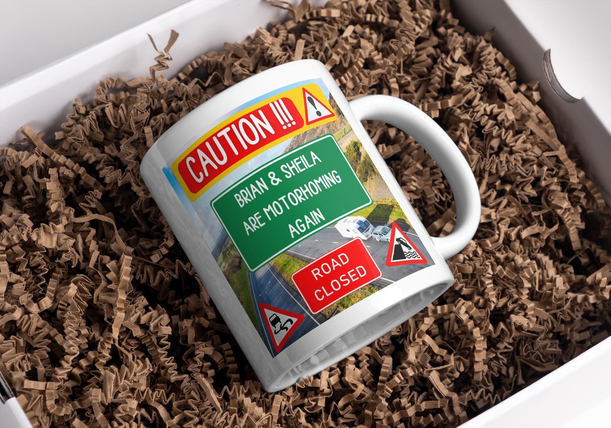 Personalised Motorhoming Warning Mug | Funny Road Sign Camper Gift | Custom Message | UK Motorhome Present | Camper | Vanlife | Campervan Etsy