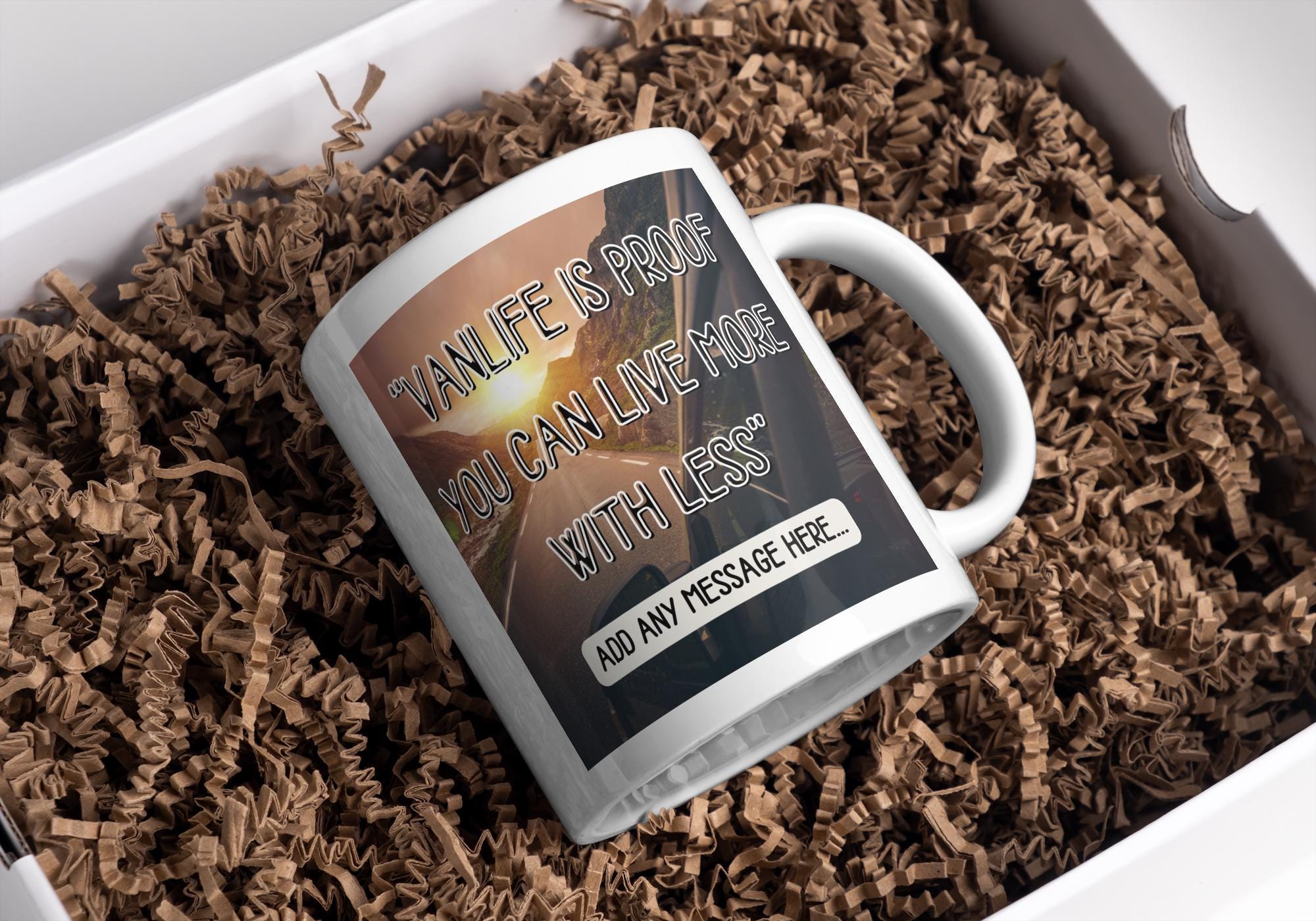 Personalised Vanlife Quote Mug | Scenic Camper Gift | Live More With Less Design | Custom Message | UK Motorhome Present | Campervan Quote Etsy