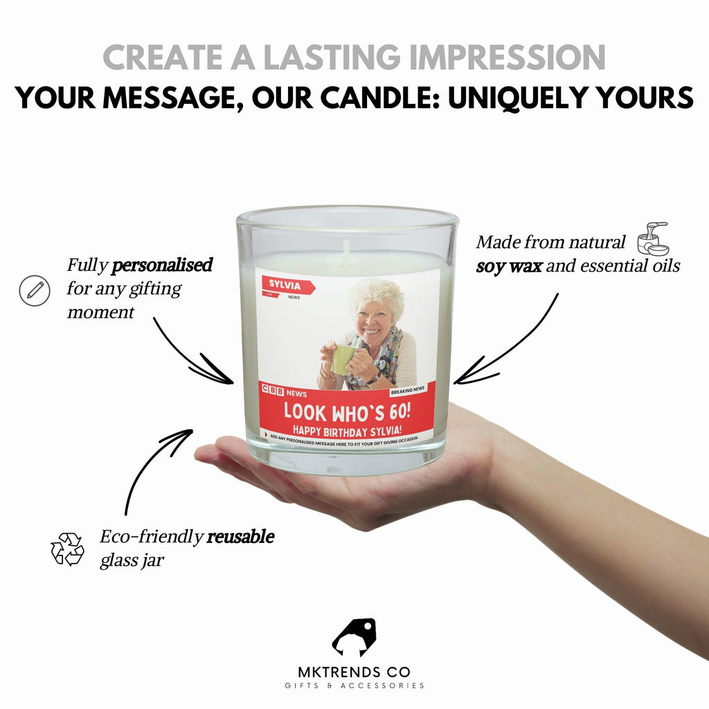 Happy 60th Birthday Soy Wax Candle | Funny 60th Birthday News Style Gift | Custom Photo Message 60th Birthday Candle Etsy