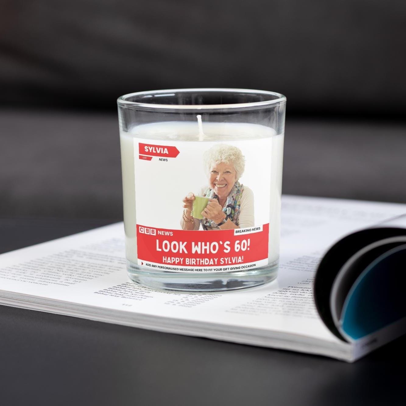 Happy 60th Birthday Soy Wax Candle | Funny 60th Birthday News Style Gift | Custom Photo Message 60th Birthday Candle Etsy