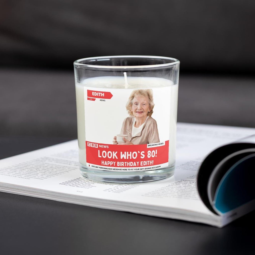 80th Birthday Personalised Soy Wax Candle | News Style Photo Message Gift | Happy 80th Birthday Candle in Glass Jar Etsy