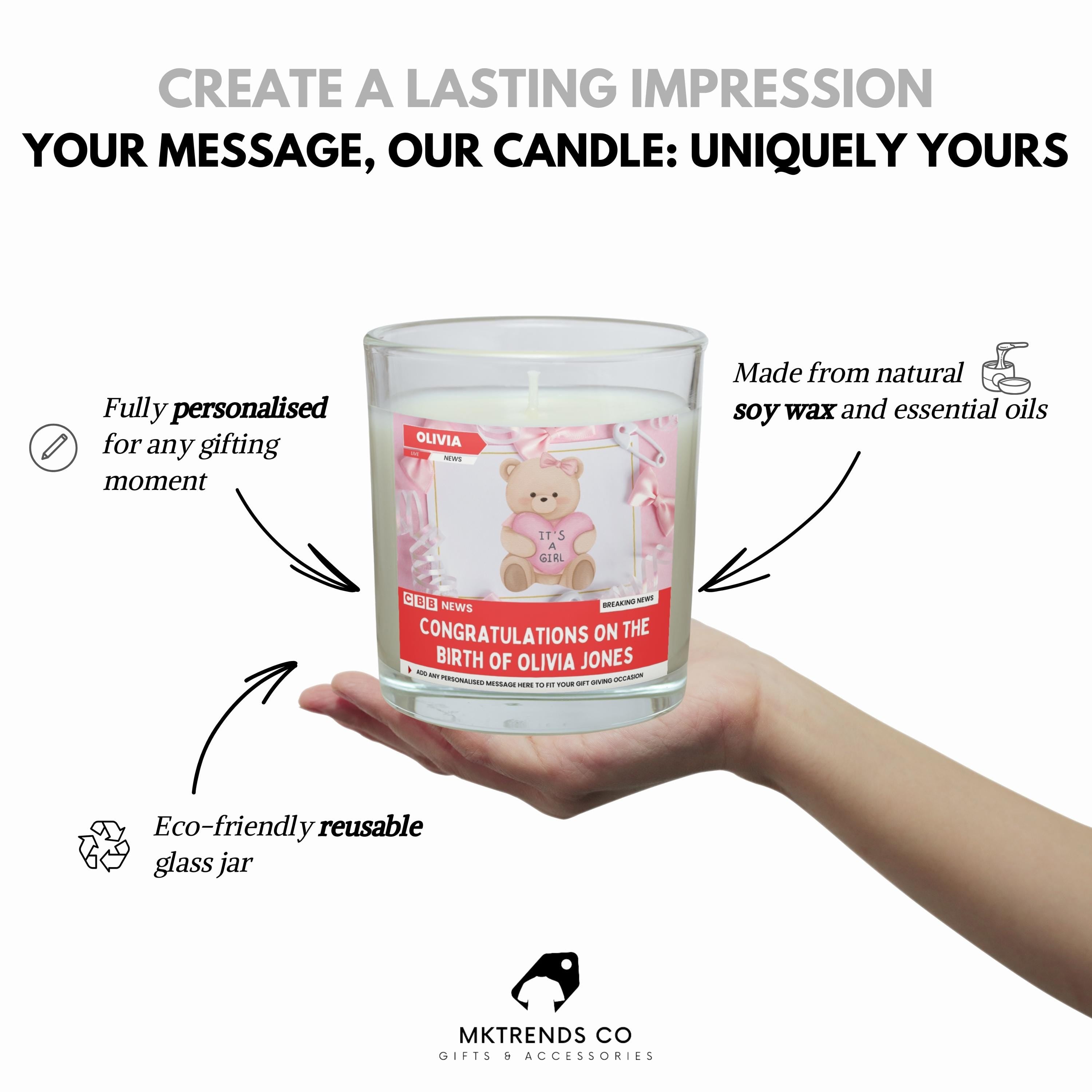 Baby Girl Arrival Photo & Message News Style Personalised Candle | Congratulations New Parents Message Photo Soy Wax Candle Gift Etsy