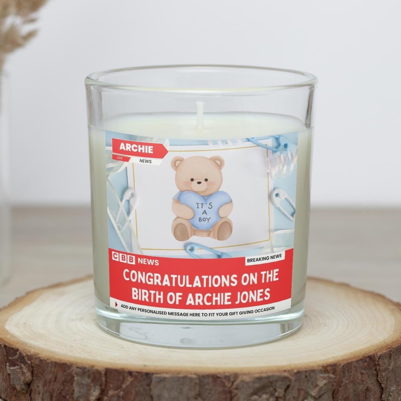Birth of Baby Boy Personalised Soy Wax Candle | News Style Photo & Message New Baby Boy Candle Gift Etsy
