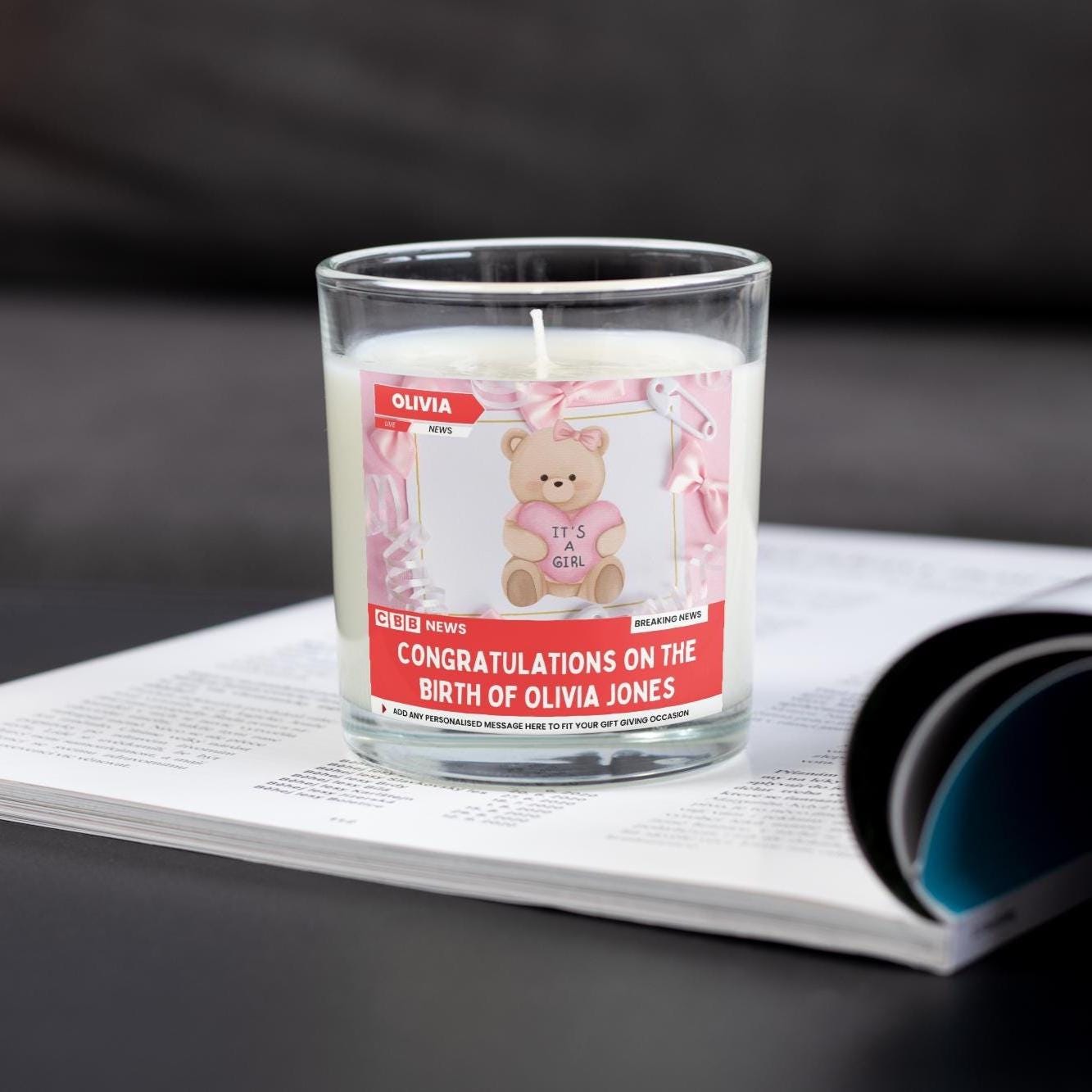 Baby Girl Arrival Photo & Message News Style Personalised Candle | Congratulations New Parents Message Photo Soy Wax Candle Gift Etsy