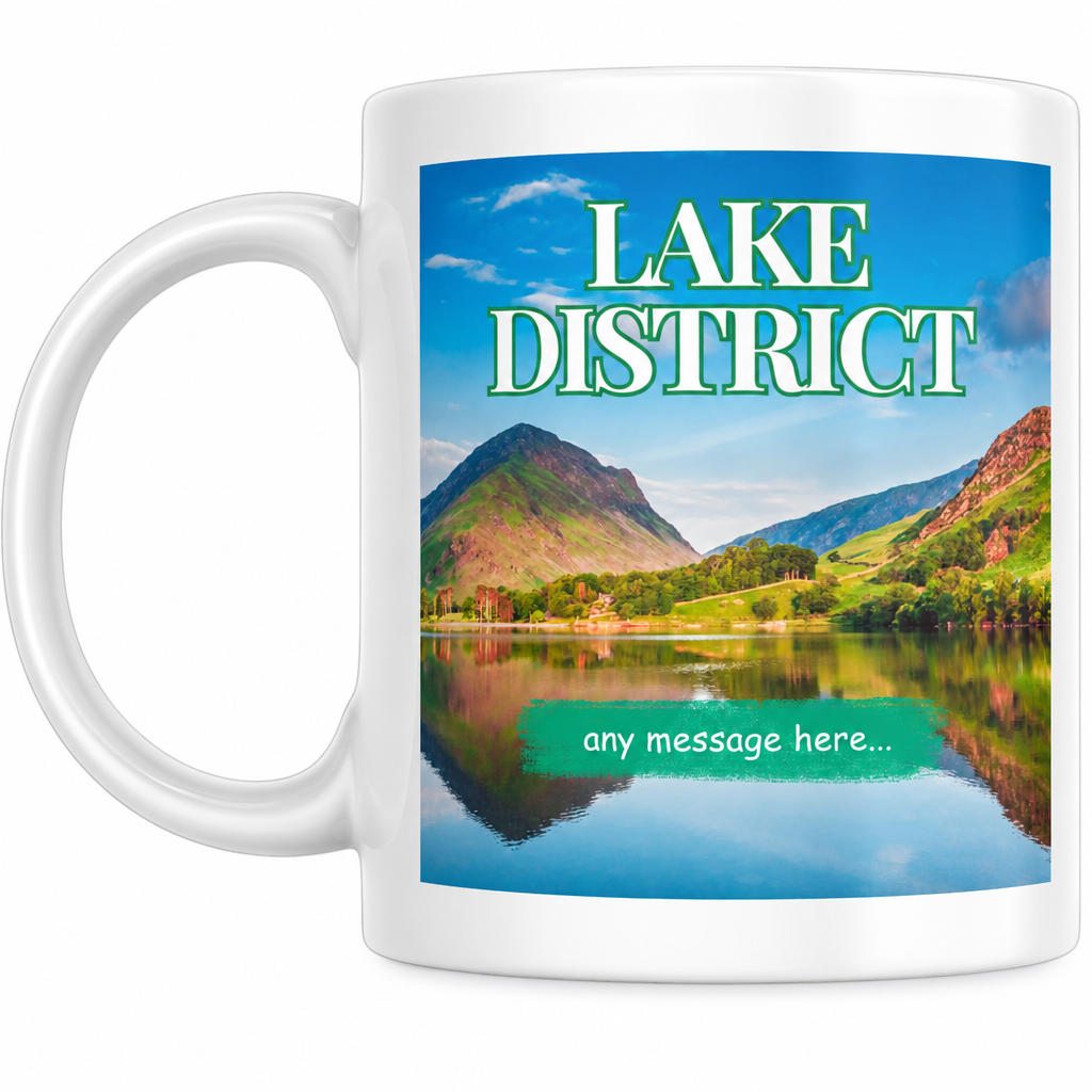Personalised Lake District mug on a white background