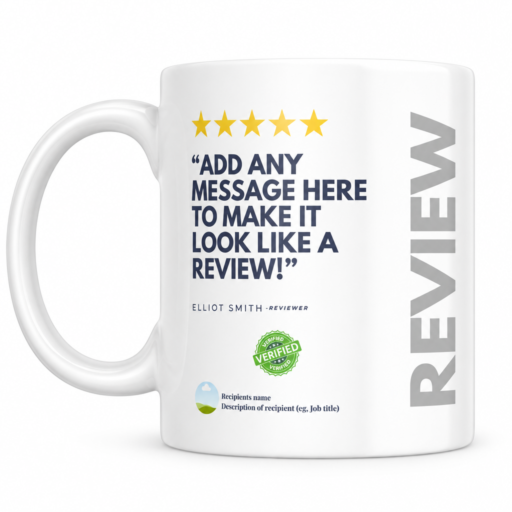 Personalised Review Mug with left handle on a square white background