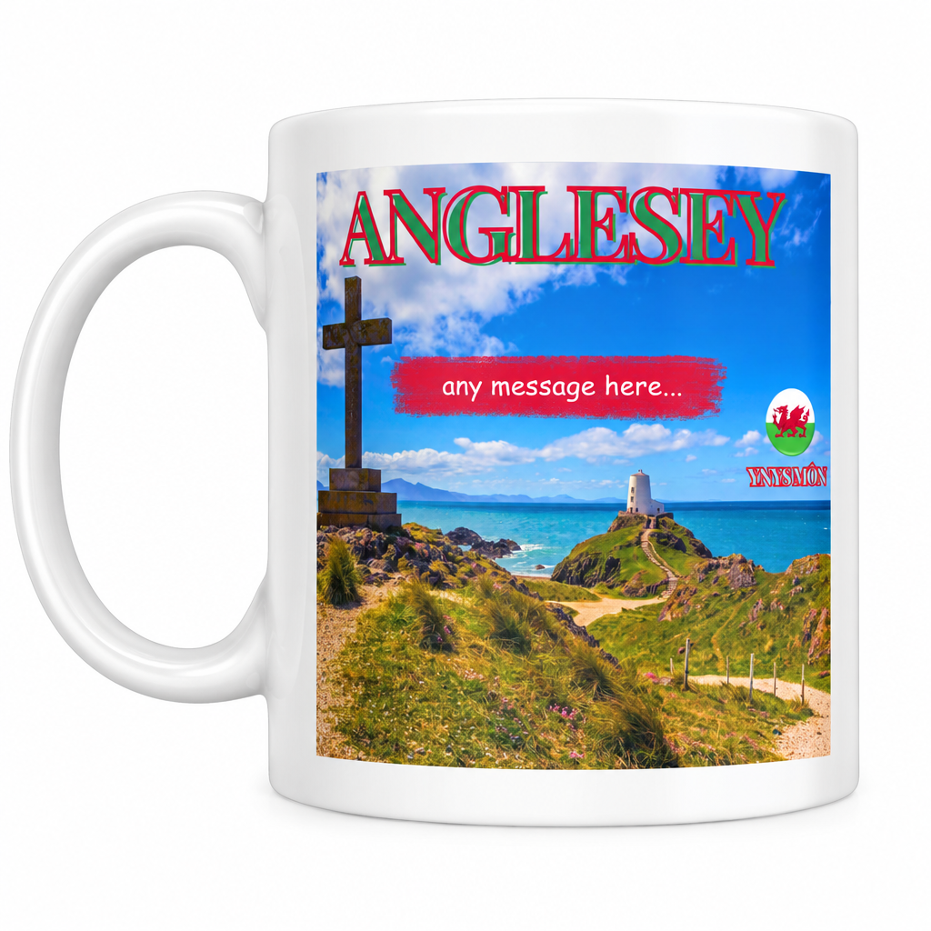 Personalised Anglesey mug with left handle centred on a square white background