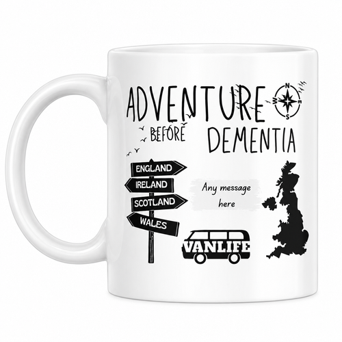 Adventure Before Dementia mug with left handle on a square white background
