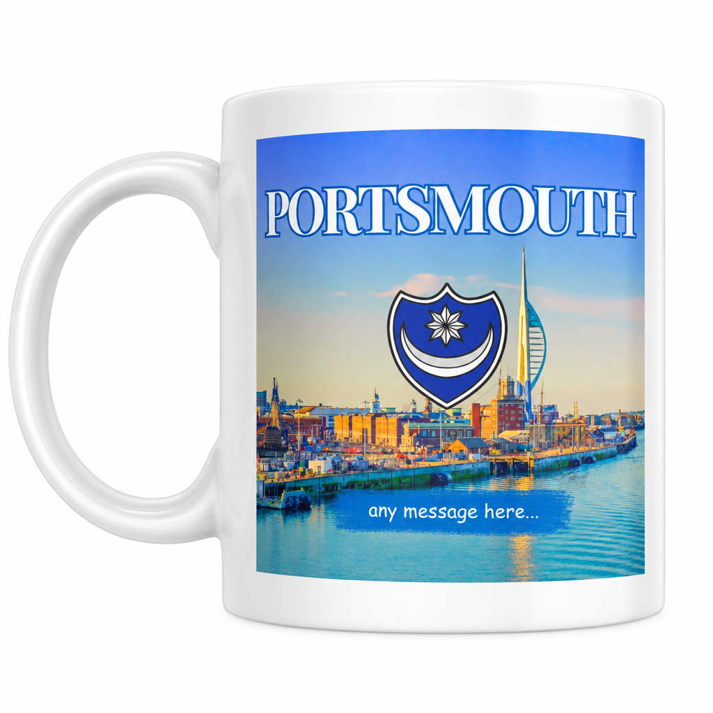 Personalised Portsmouth mug with left handle centred on a square white background