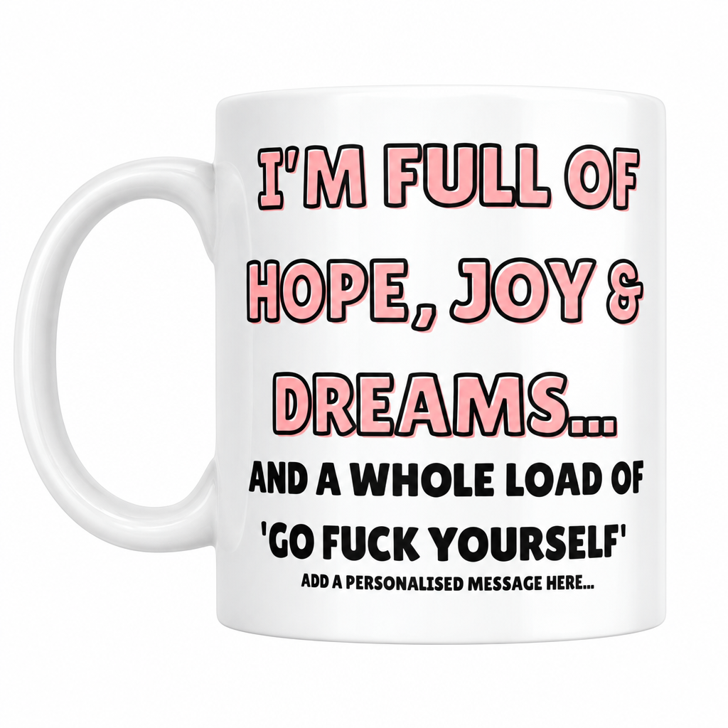 Personalised Hope and Joy quote mug with left handle on a square white background