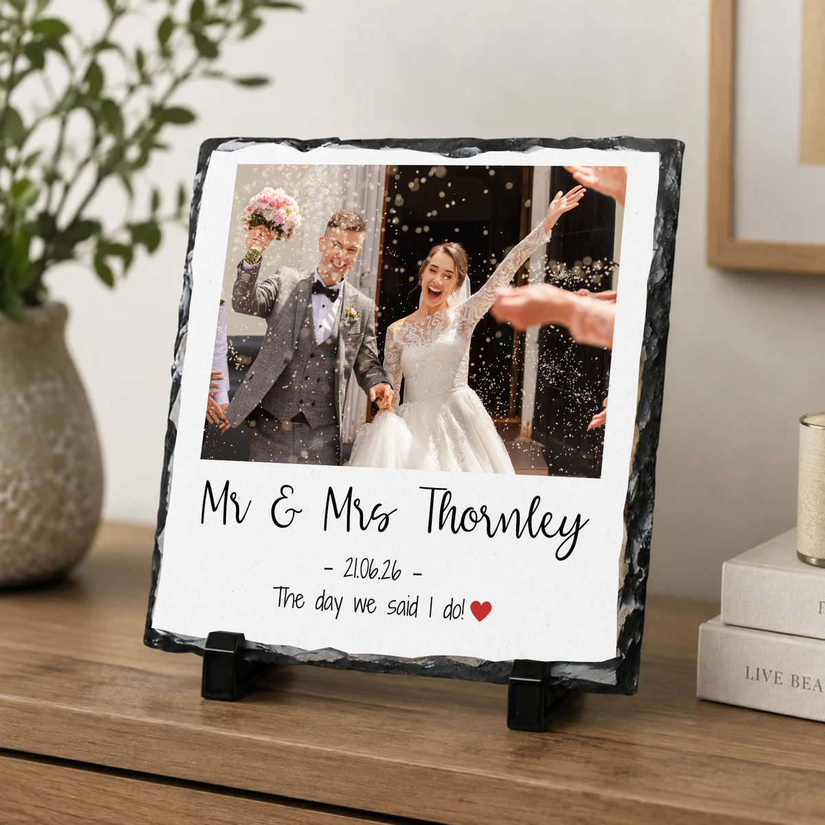 Personalised wedding names & date photo slate - console display with example photo