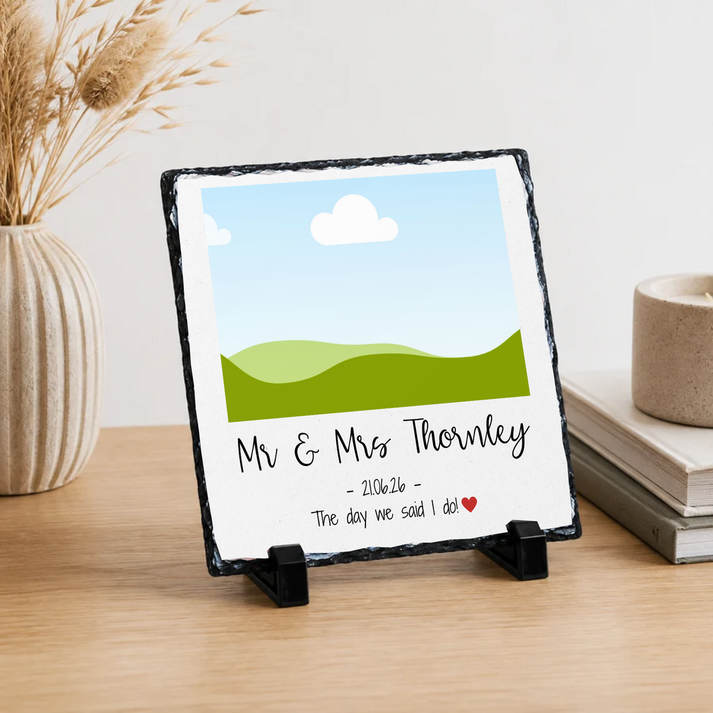 Personalised wedding names & date photo slate - lifestyle placement with photo placeholders
