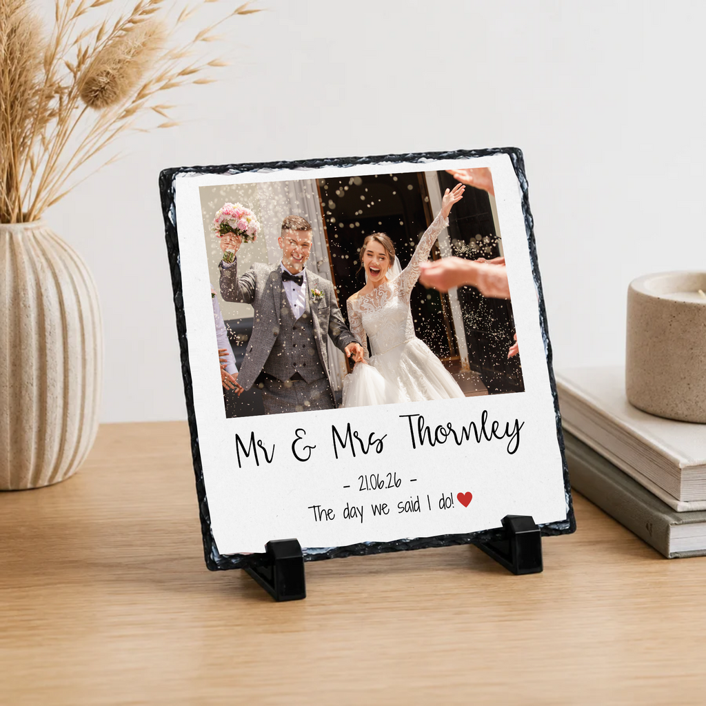Personalised wedding names & date photo slate - lifestyle display with example photo