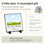 Personalised wedding names & date photo slate - size, material and personalisation details with photo placeholders