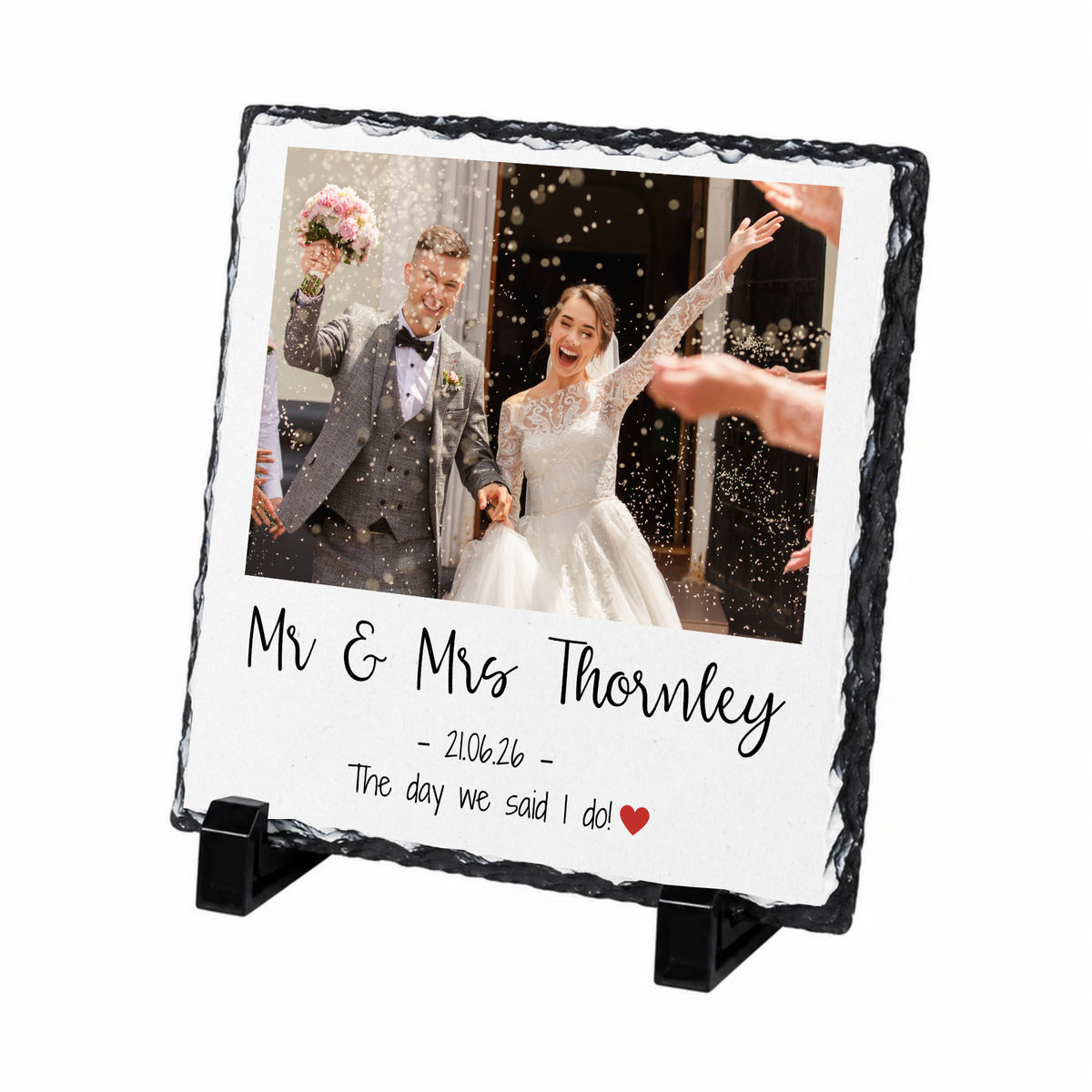 Personalised wedding names & date photo slate - white background with example photo