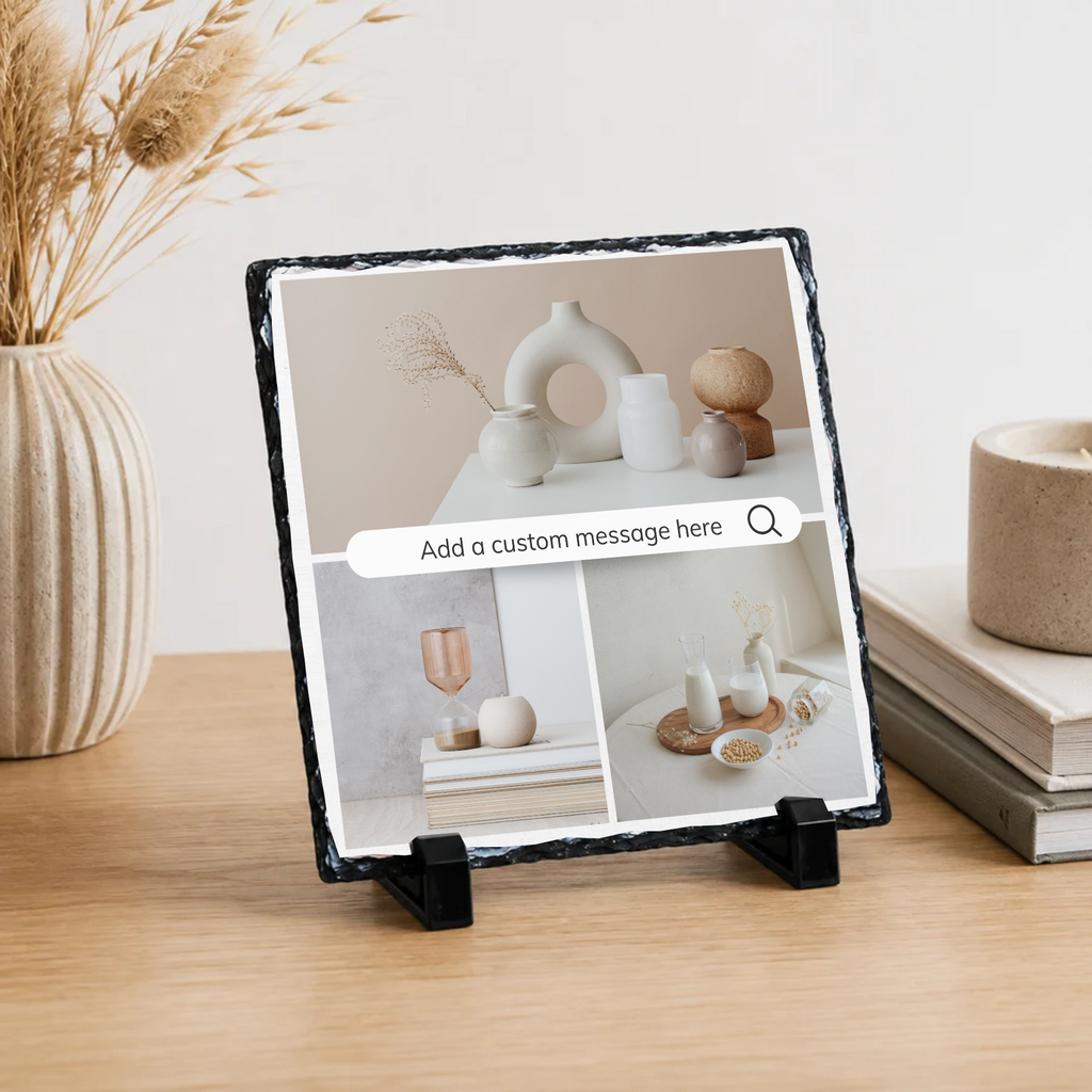 Personalised three photo search bar collage photo slate - lifestyle display with example photo