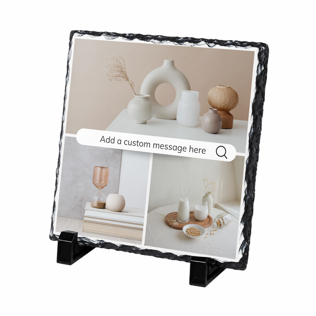 Personalised three photo search bar collage photo slate - white background with example photo