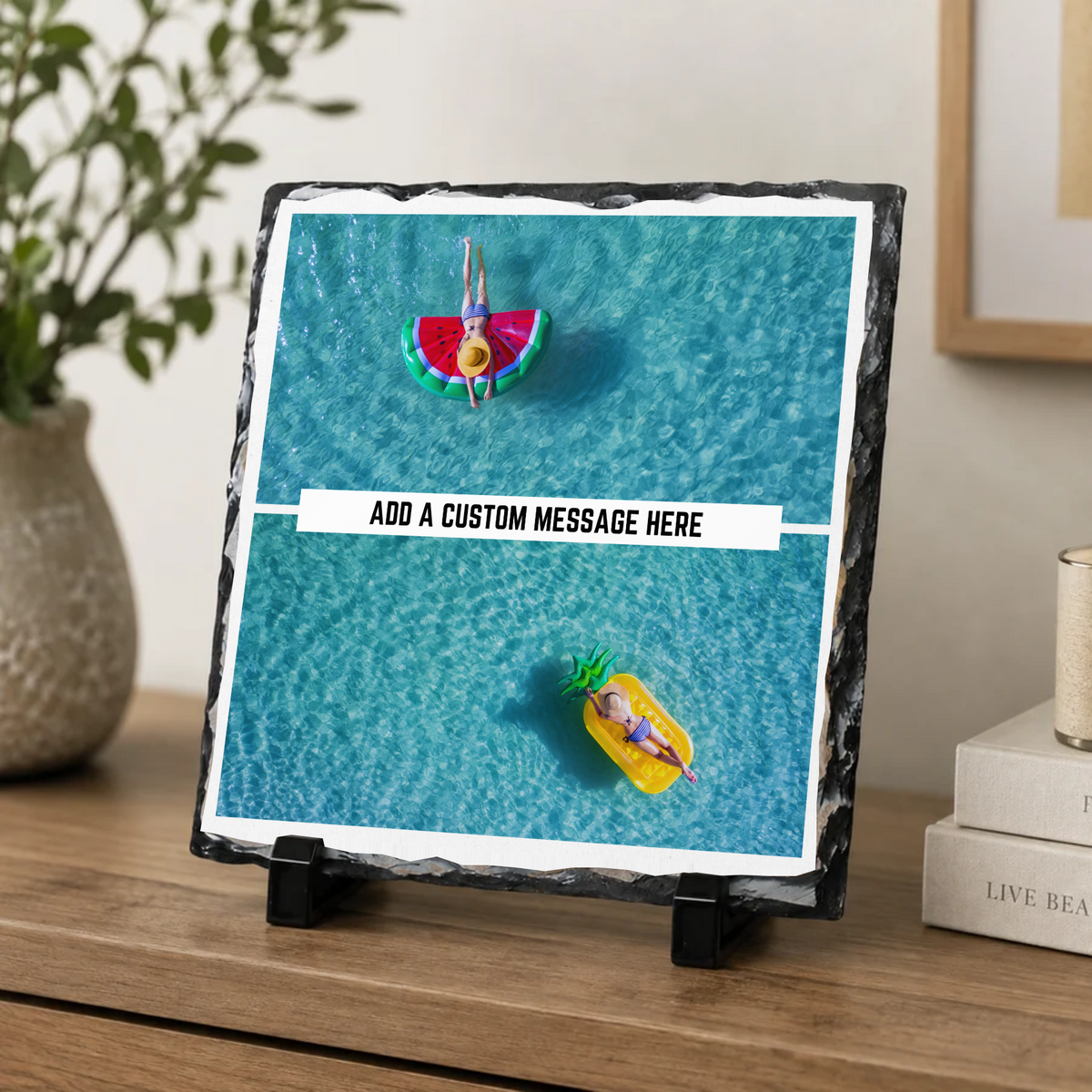 Personalised two photo message banner photo slate - console display with example photo