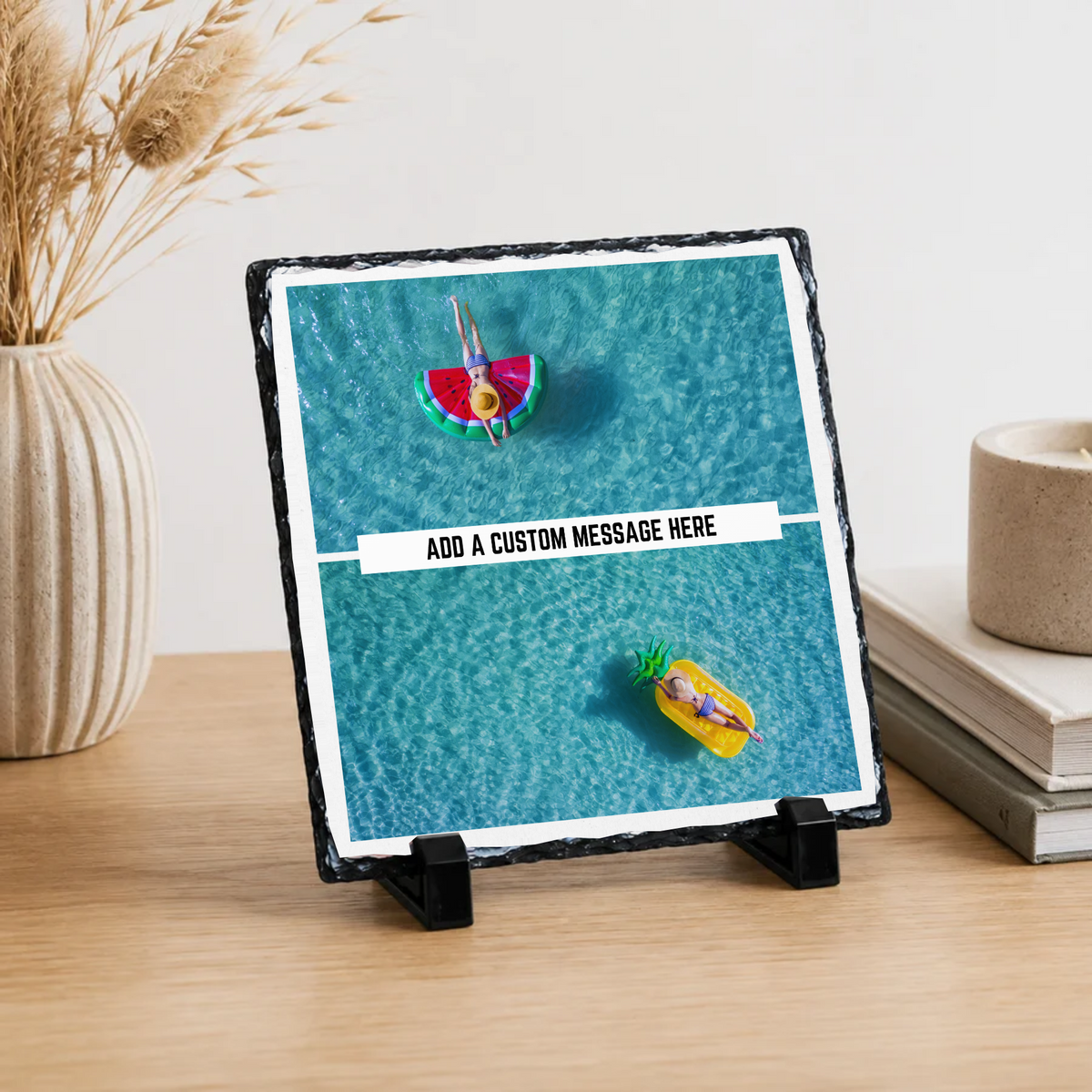 Personalised two photo message banner photo slate - lifestyle display with example photo