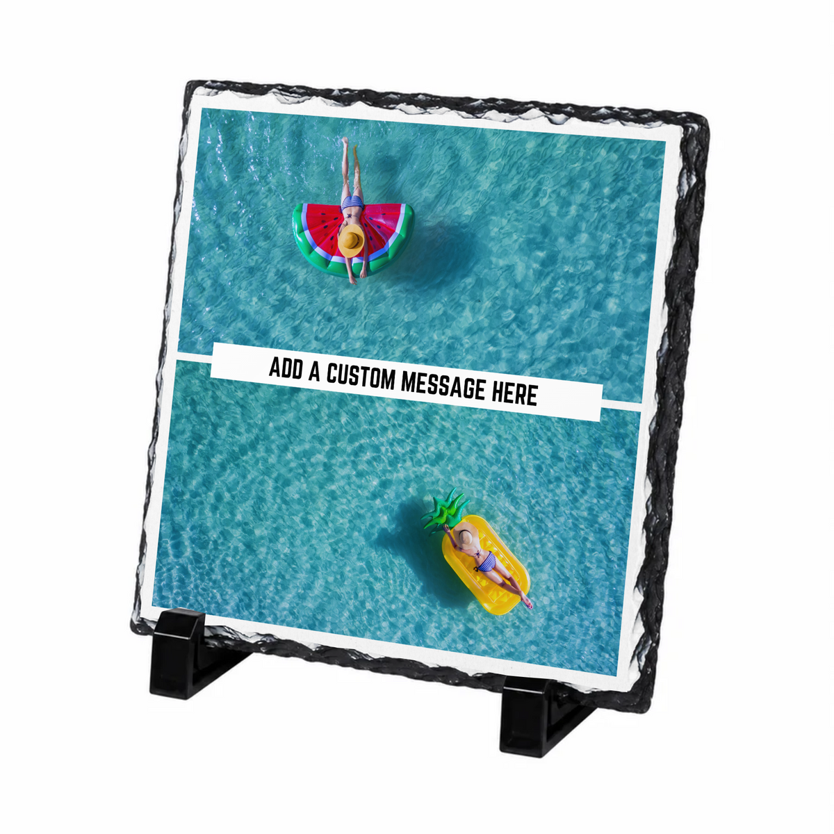 Personalised two photo message banner photo slate - white background with example photo