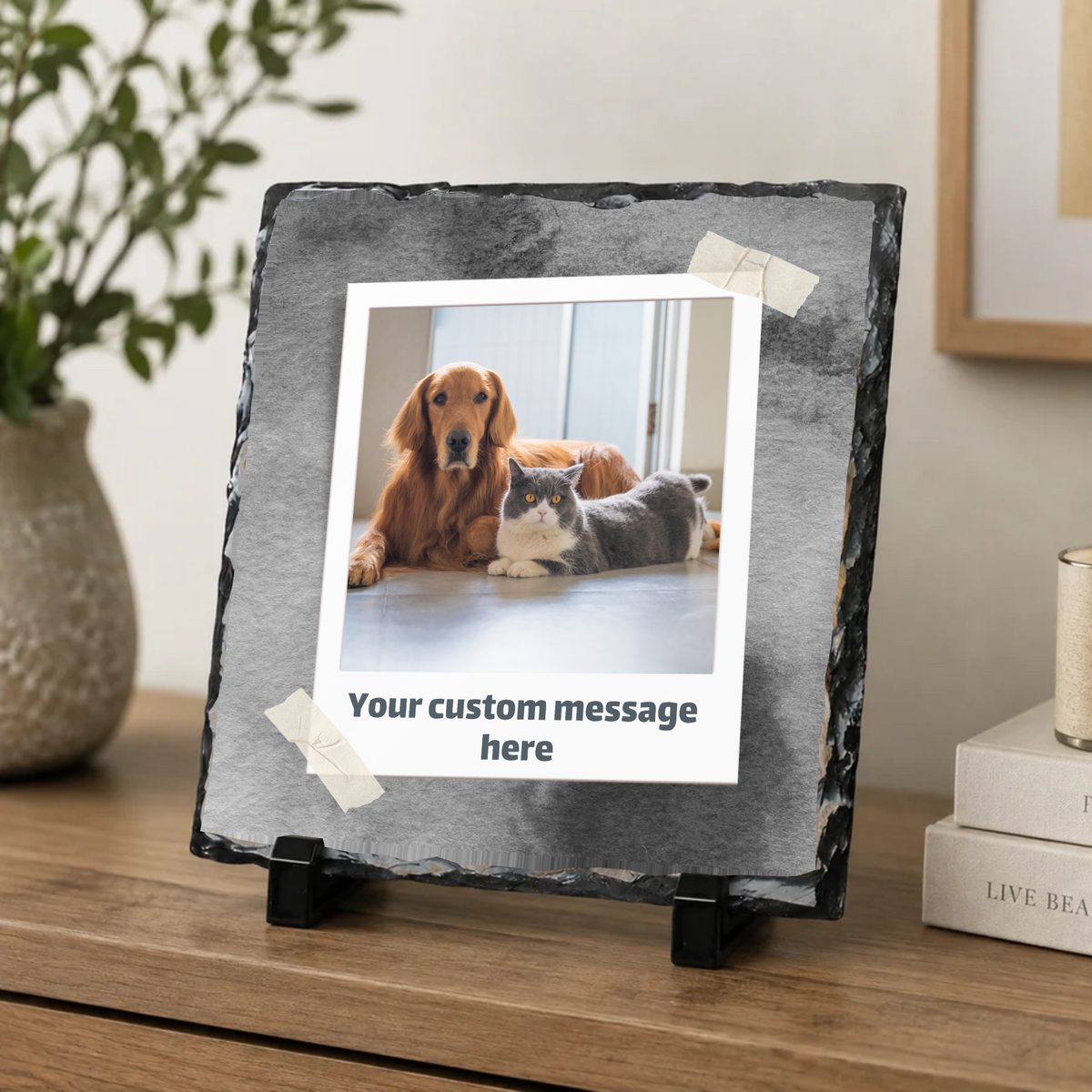 Personalised charcoal taped snapshot photo slate - console display with example photo