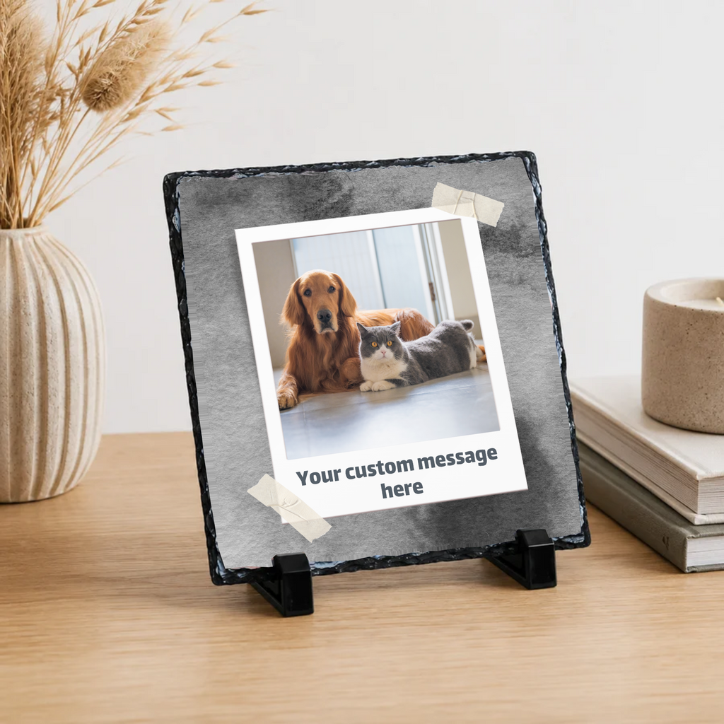 Personalised charcoal taped snapshot photo slate - lifestyle display with example photo