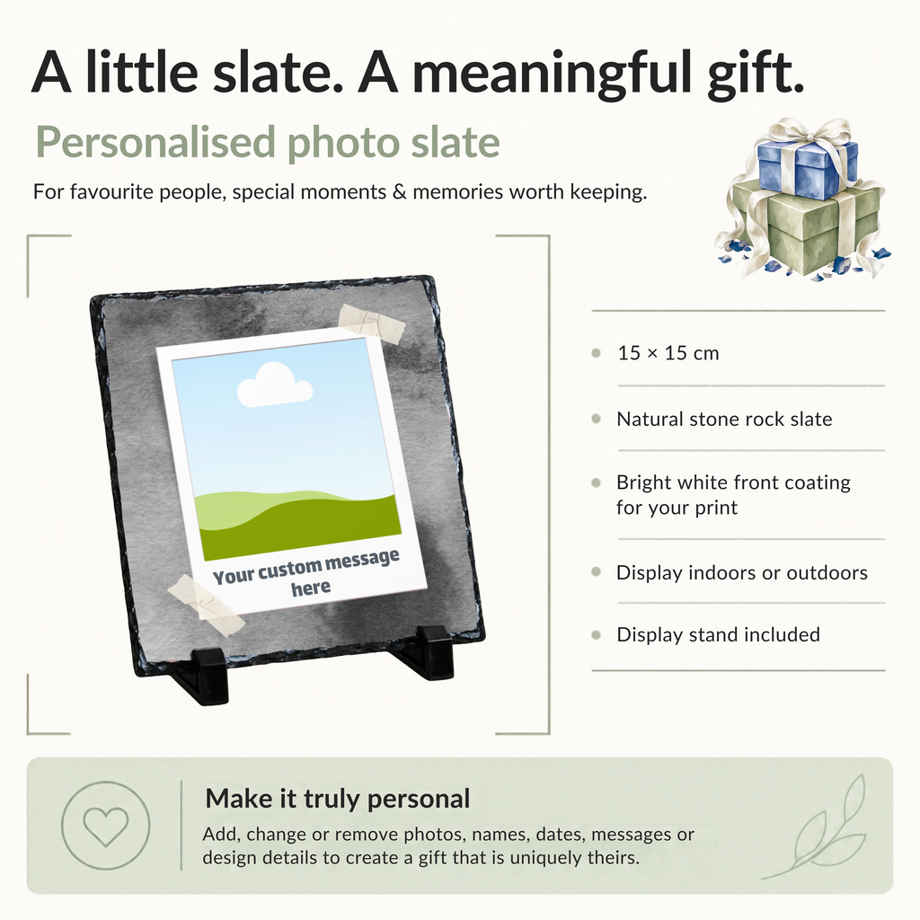 Personalised charcoal taped snapshot photo slate - size, material and personalisation details with photo placeholders