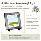 Personalised charcoal taped snapshot photo slate - size, material and personalisation details with photo placeholders